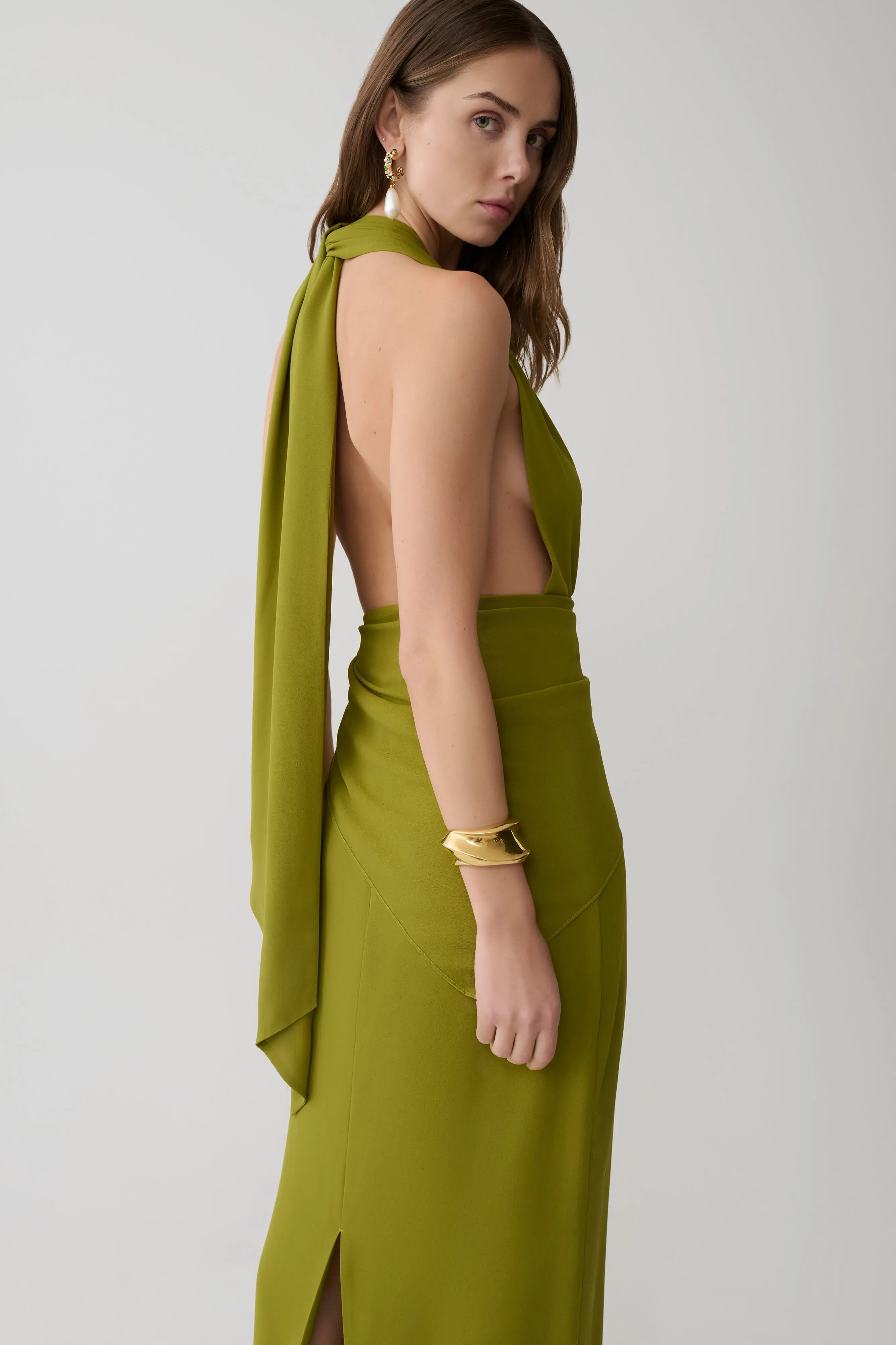 Gianna Satin Halter Maxi Dress - Olive sold by Meshki product image thumbnail 2