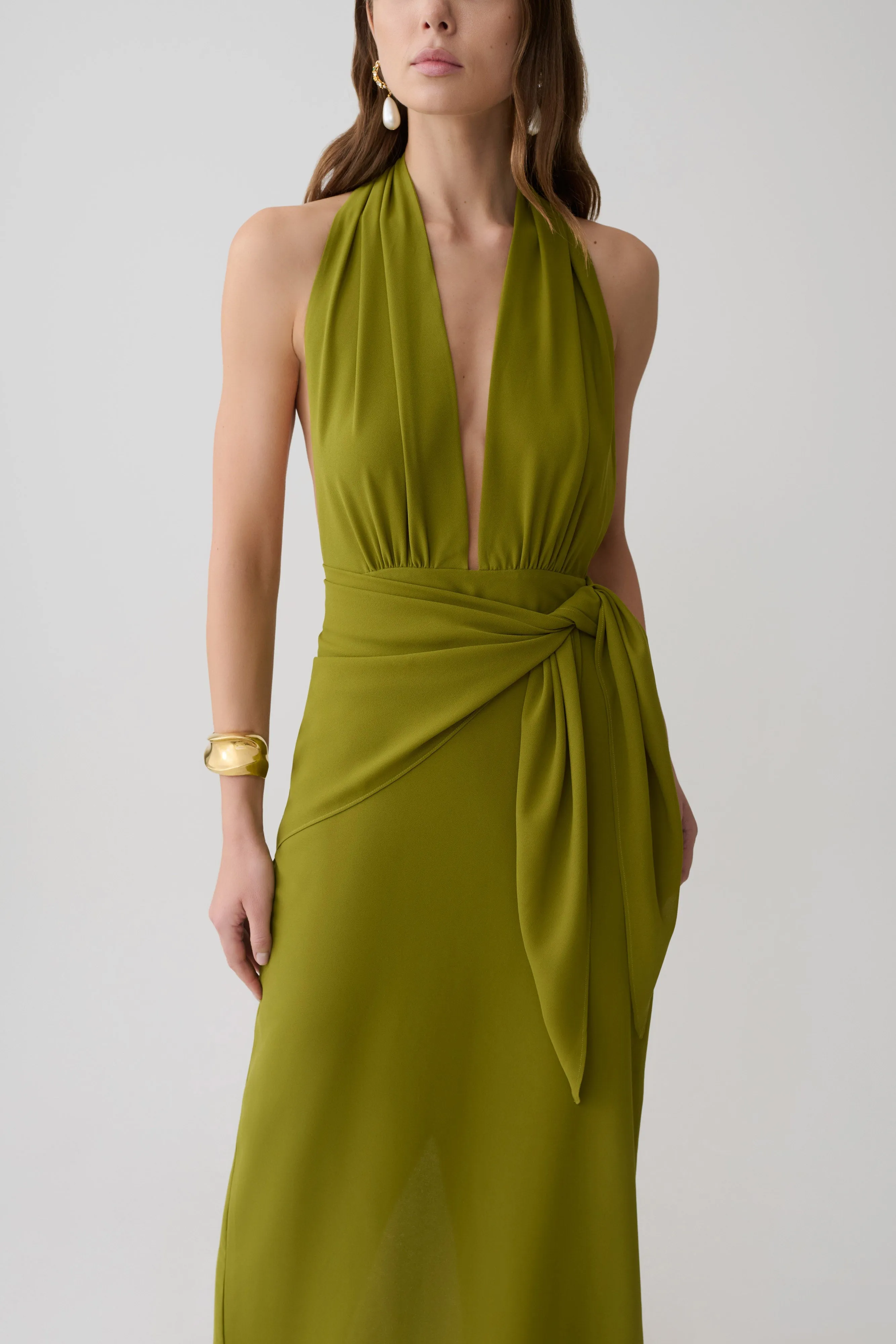 Gianna Satin Halter Maxi Dress - Olive sold by Meshki product image thumbnail 3