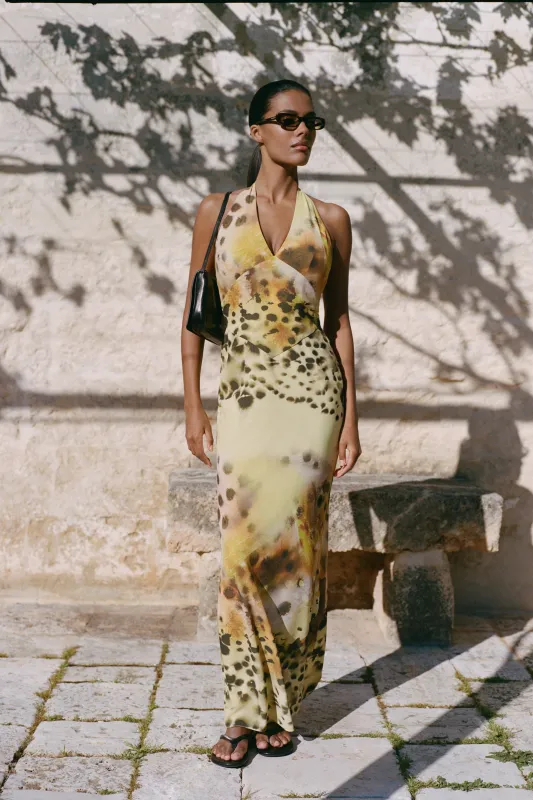 Valentina Chiffon Halter Maxi Dress - Yellow Floral Leopard Print made by Meshki
