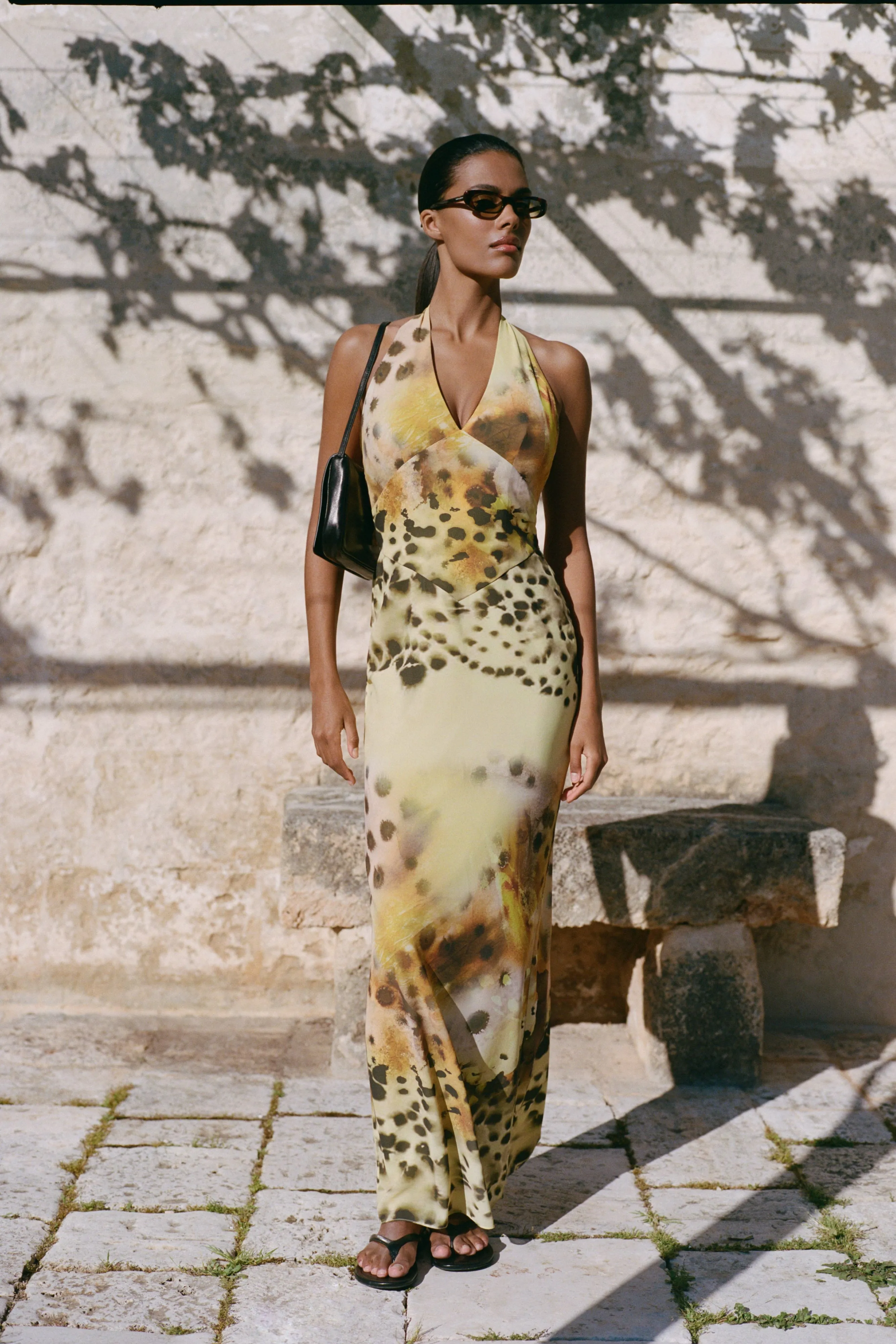 Valentina Chiffon Halter Maxi Dress - Yellow Floral Leopard Print sold by Meshki