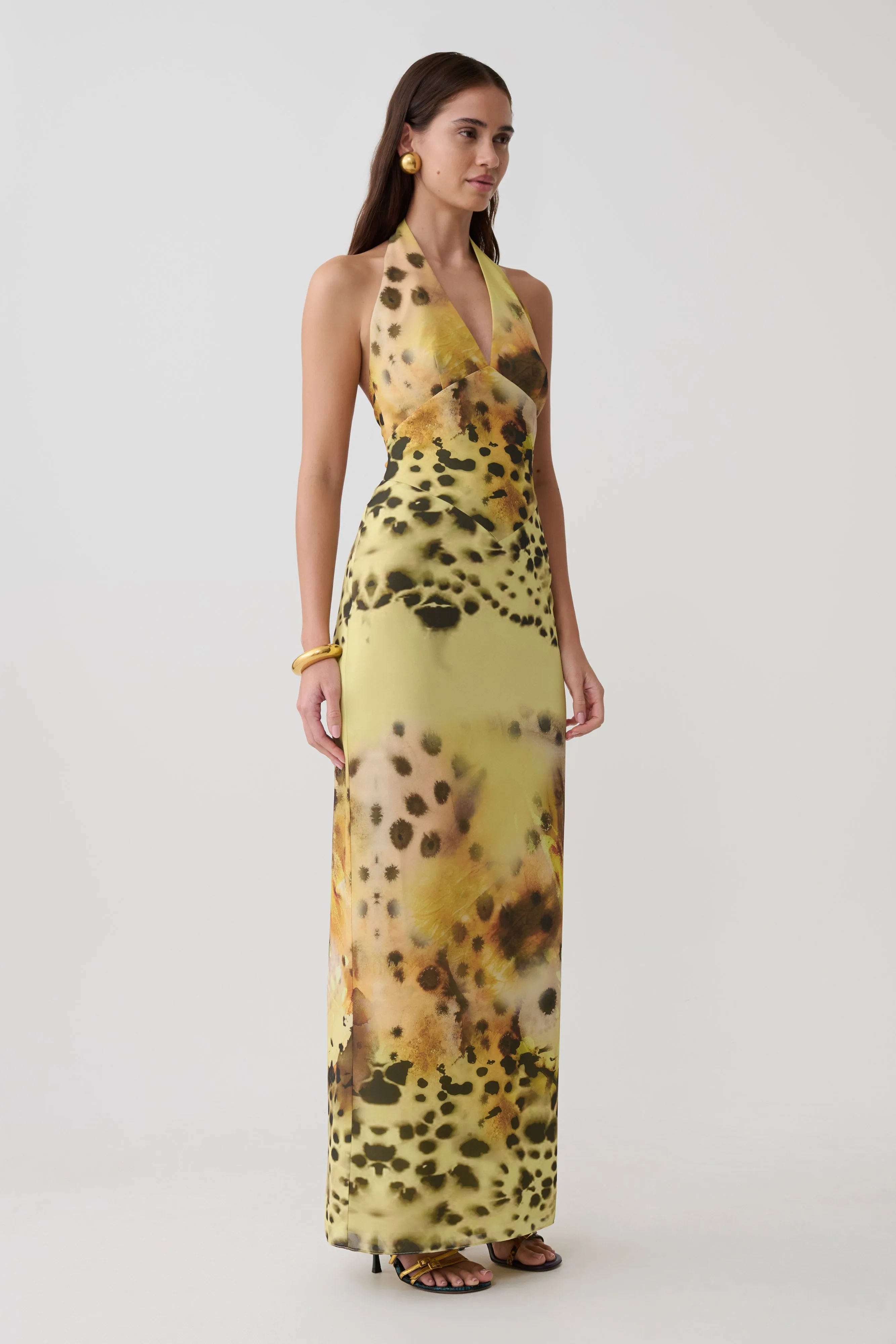 Valentina Chiffon Halter Maxi Dress - Yellow Floral Leopard Print sold by Meshki product image thumbnail 5