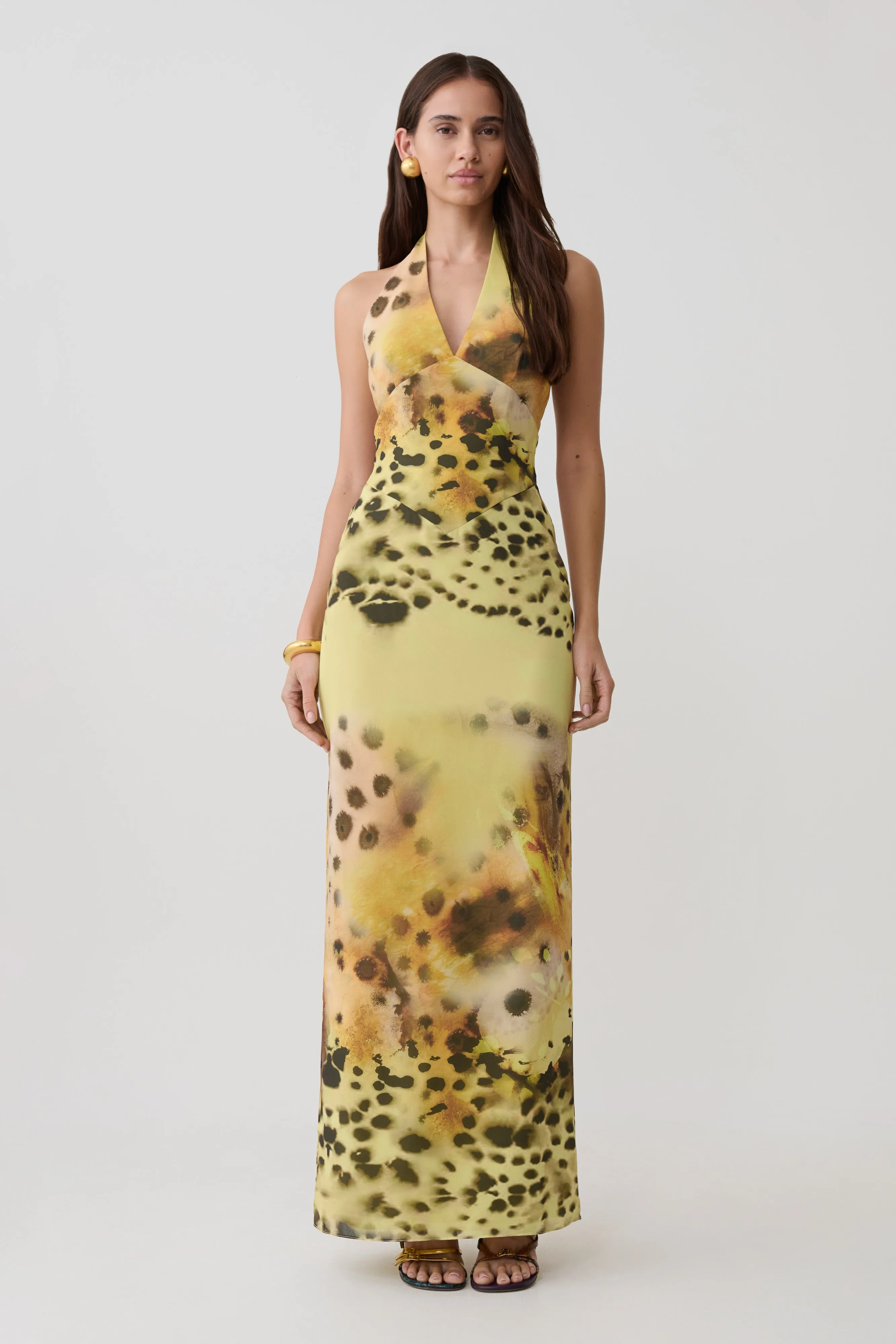 Valentina Chiffon Halter Maxi Dress - Yellow Floral Leopard Print sold by Meshki product image thumbnail 2