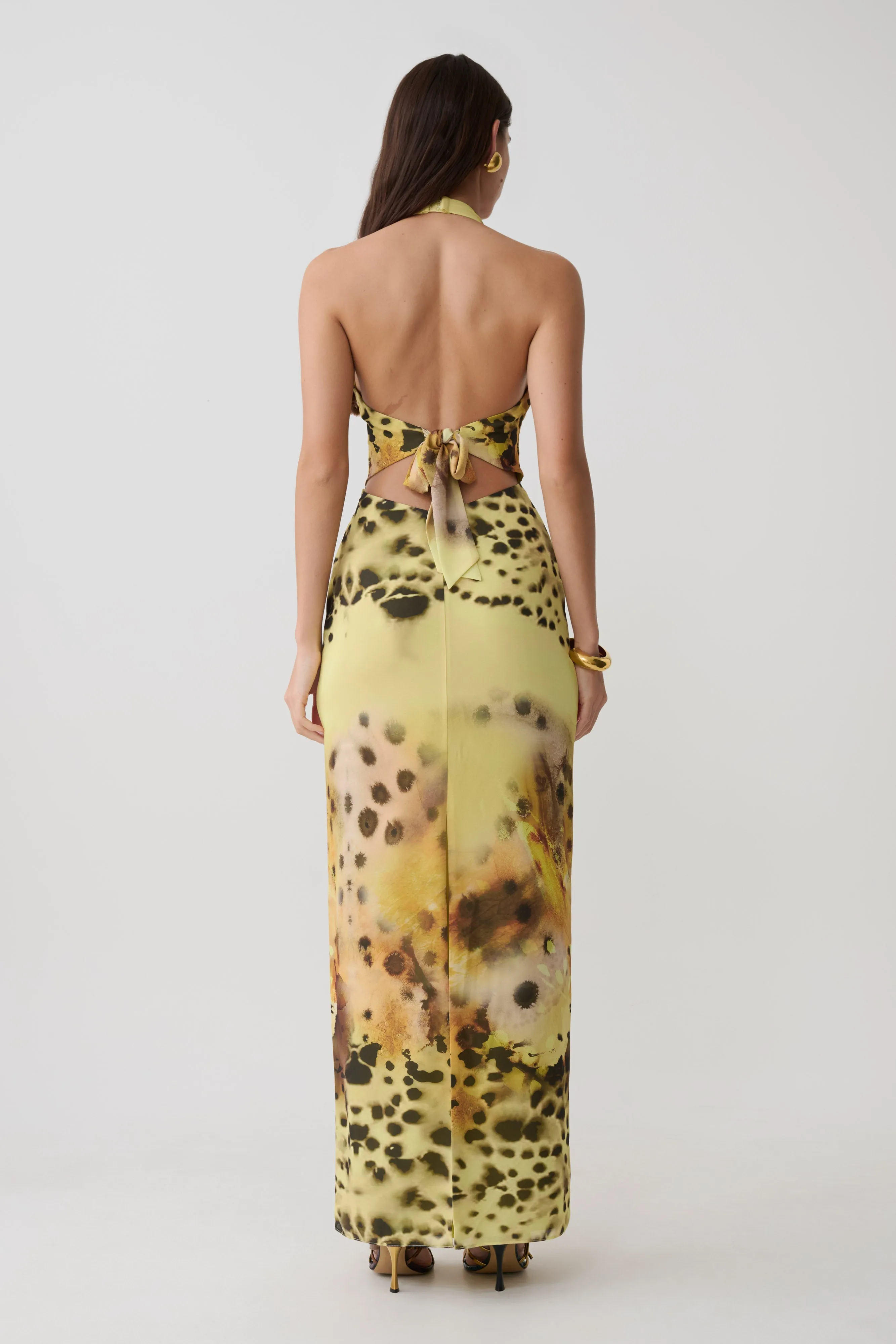 Valentina Chiffon Halter Maxi Dress - Yellow Floral Leopard Print sold by Meshki product image thumbnail 4