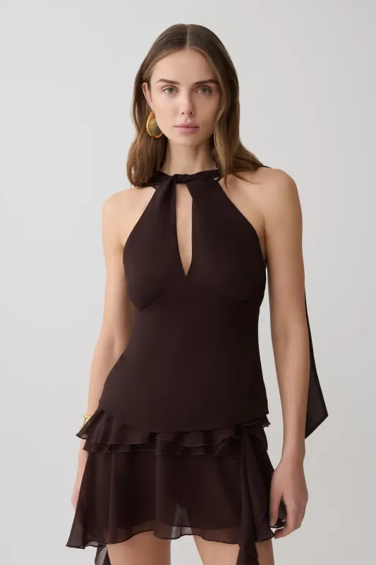 Nora Chiffon Halter Sleeveless Top - Cacao Brown made by Meshki
