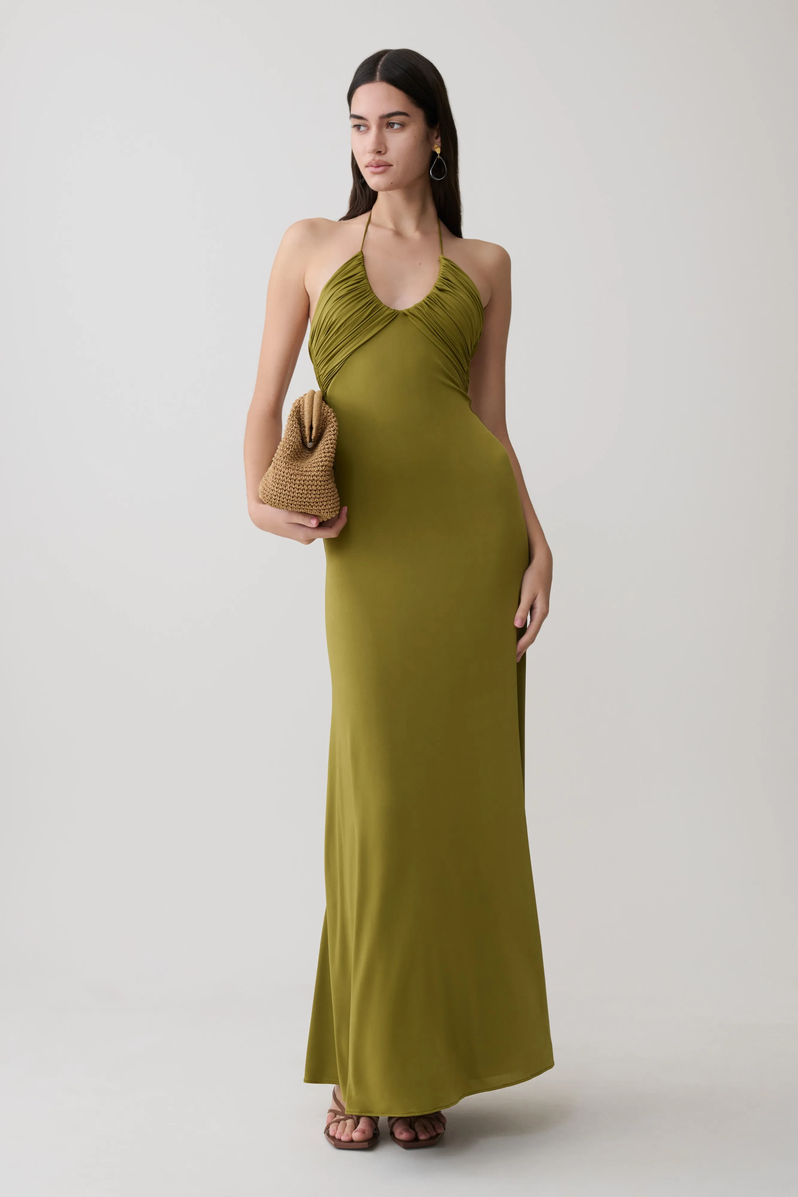 Maely Gathered Slinky Maxi Dress - Olive sold by Meshki product image thumbnail 5