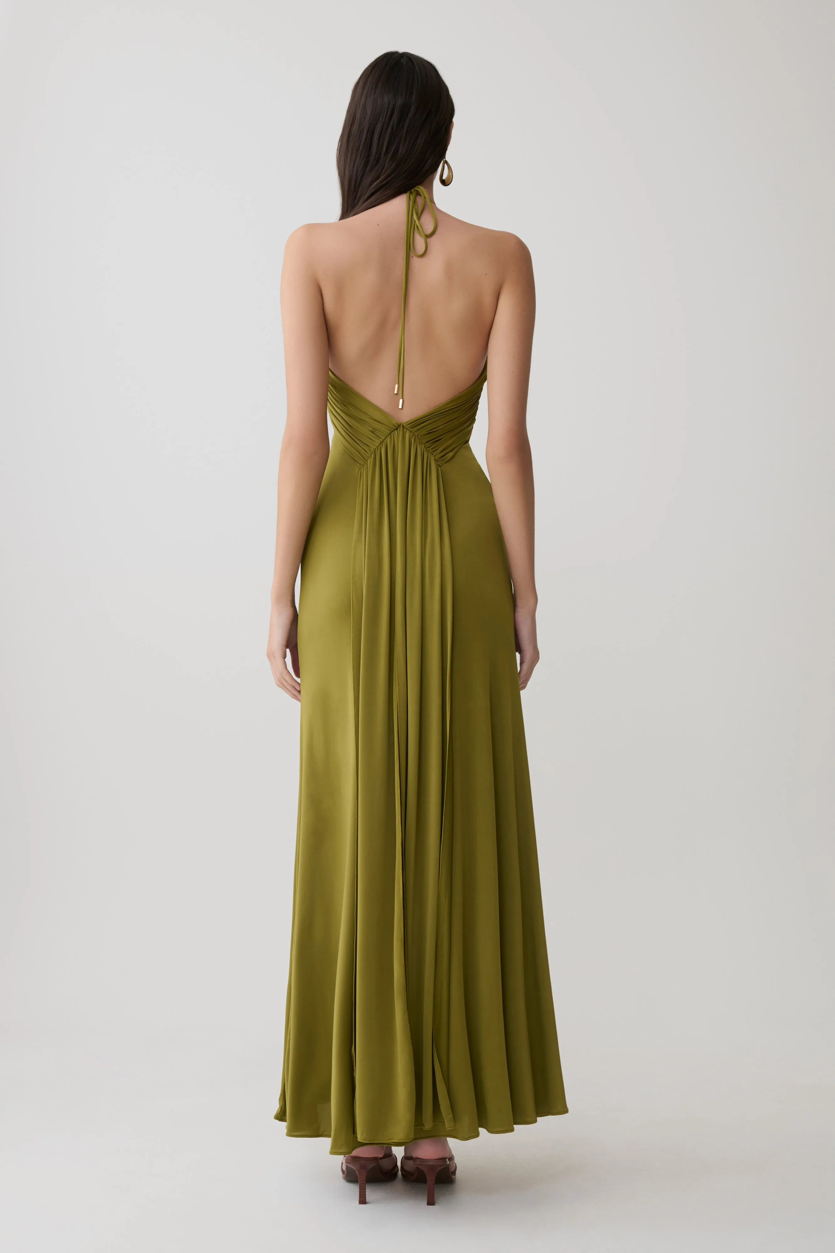 Maely Gathered Slinky Maxi Dress - Olive sold by Meshki product image thumbnail 2