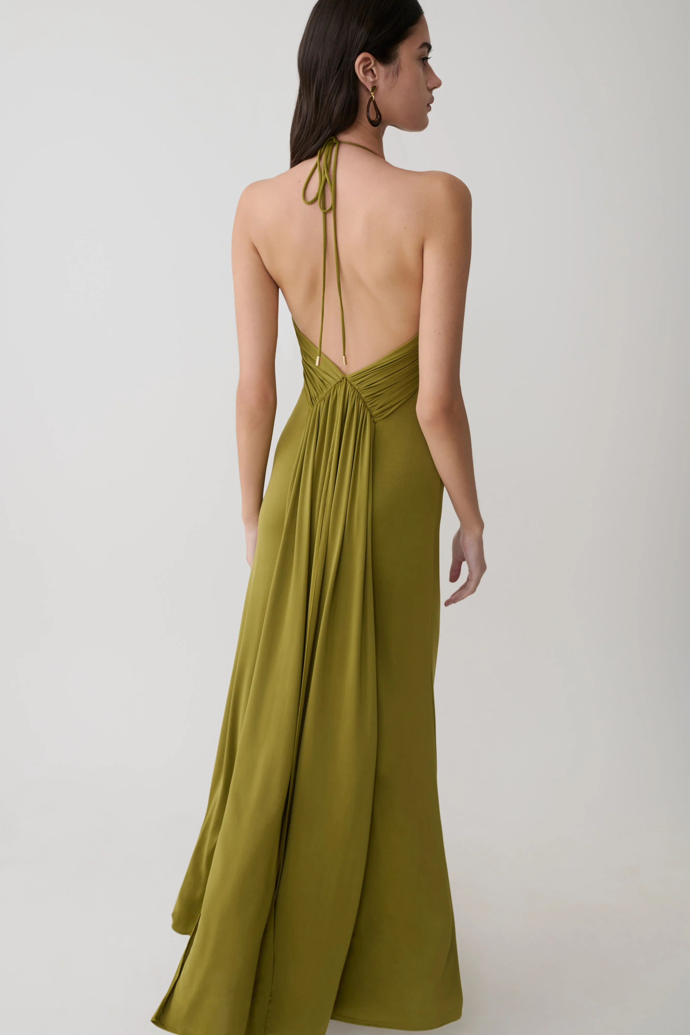 Maely Gathered Slinky Maxi Dress - Olive sold by Meshki product image thumbnail 3