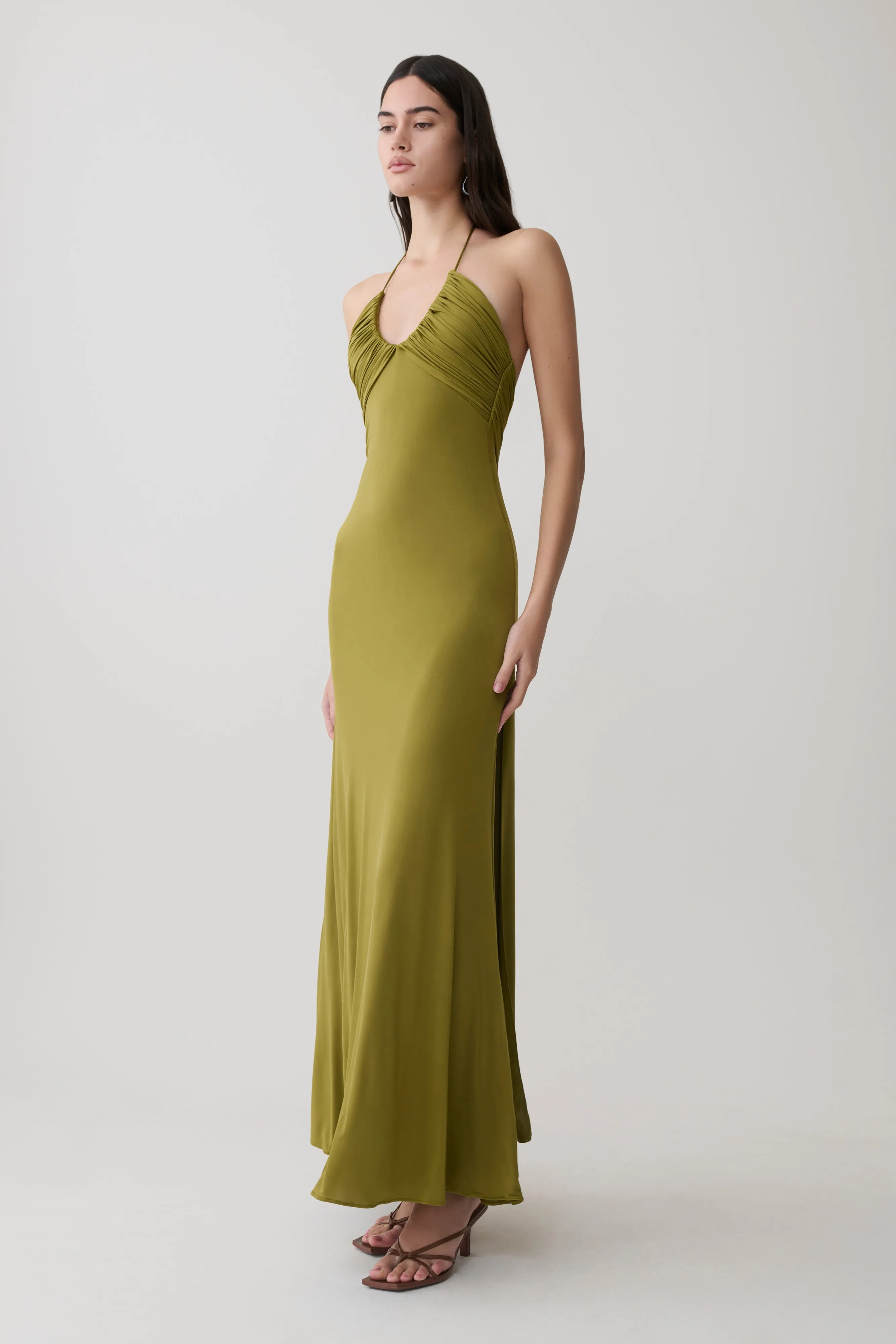 Maely Gathered Slinky Maxi Dress - Olive sold by Meshki product image thumbnail 4