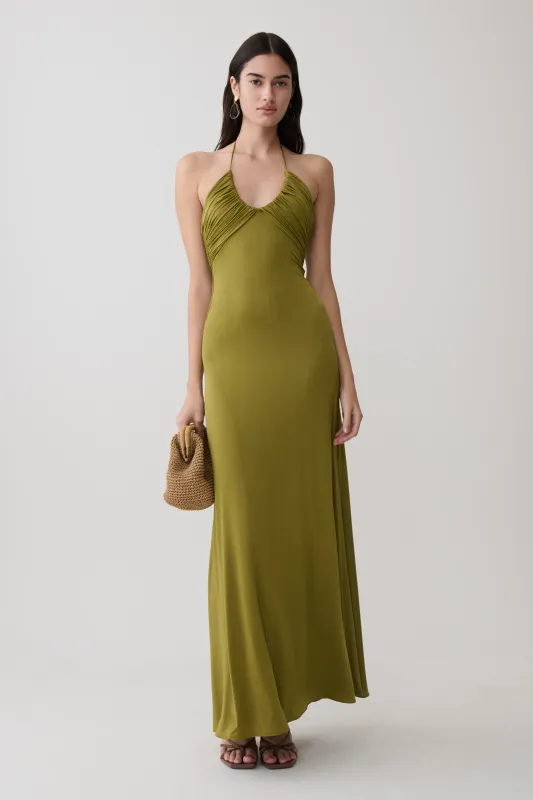 Maely Gathered Slinky Maxi Dress - Olive made by Meshki