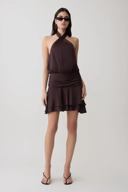 Poppy Satin Halter Mini Dress - Chocolate made by Meshki