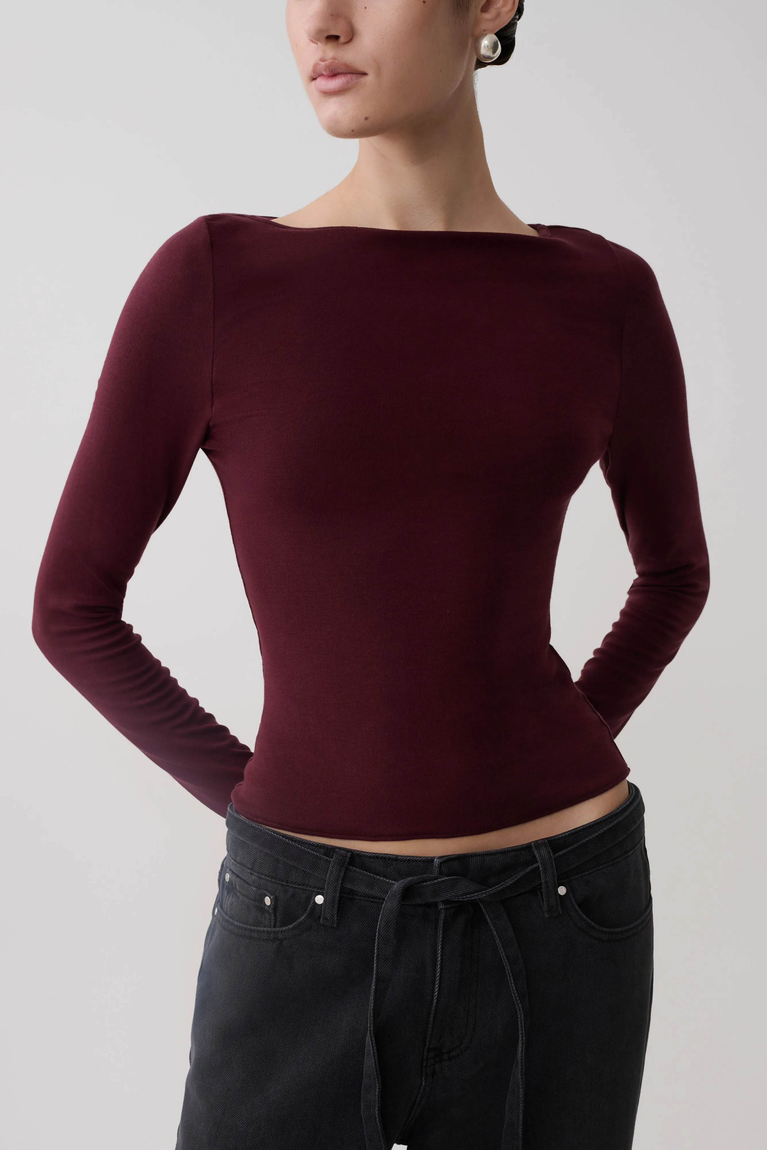 Coraline Long Sleeve Sheer Top - Burgundy sold by Meshki product image thumbnail 3