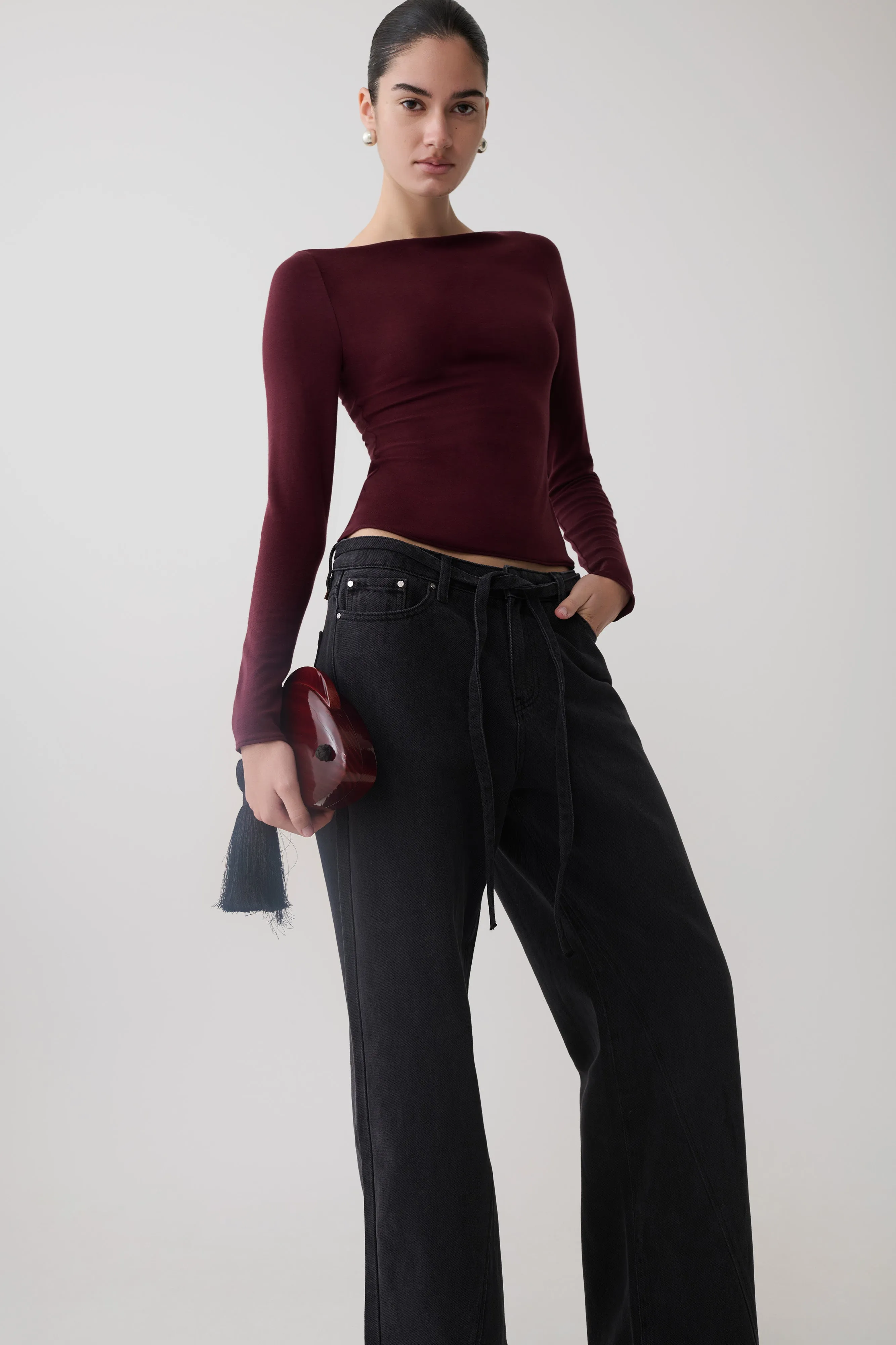 Coraline Long Sleeve Sheer Top - Burgundy sold by Meshki