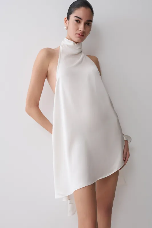 Sydney Asymmetrical Satin Halter Mini Dress - Ivory made by Meshki