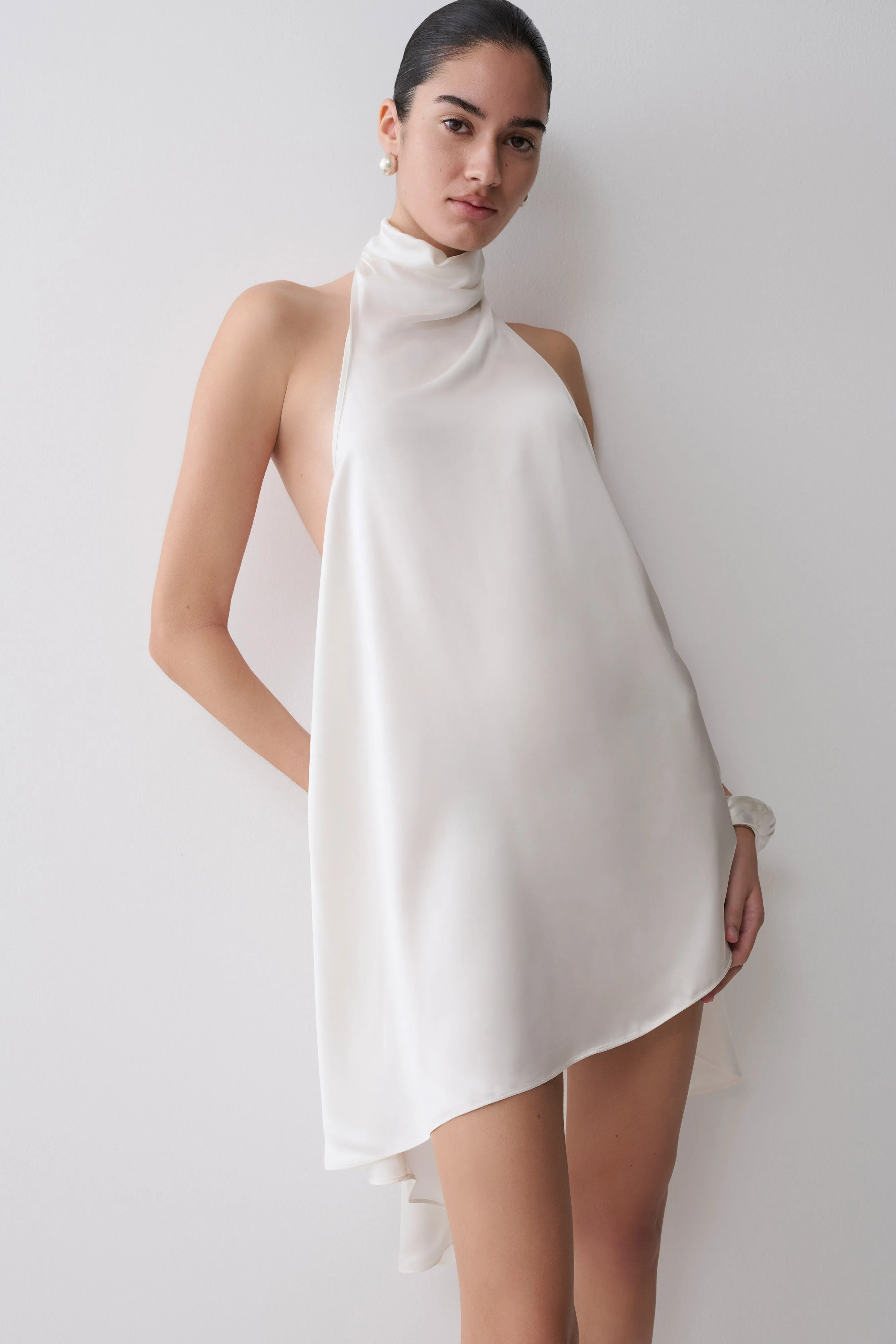 Sydney Asymmetrical Satin Halter Mini Dress - Ivory sold by Meshki
