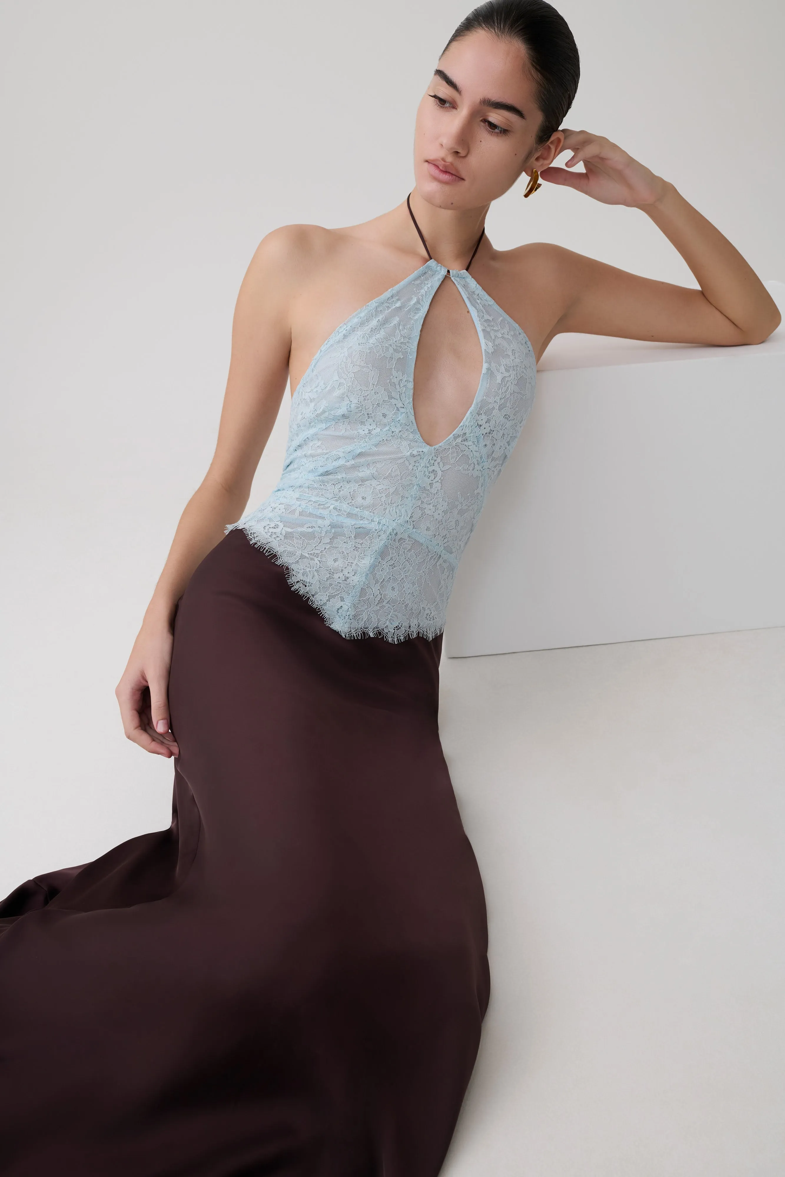 Sascha Lace And Satin Halter Maxi Dress - Ice Blue/Chocolate sold by Meshki product image thumbnail 3