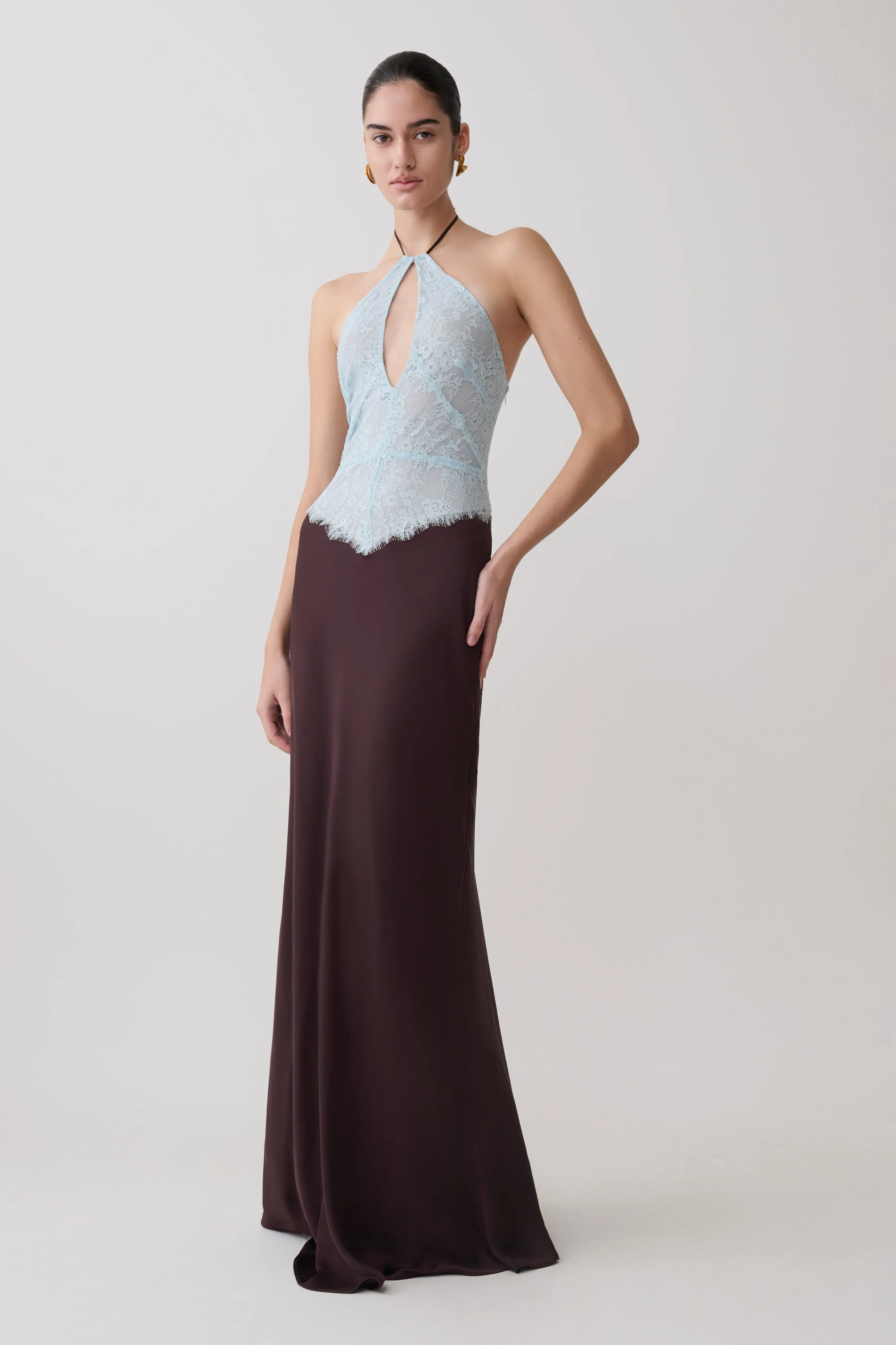 Sascha Lace And Satin Halter Maxi Dress - Ice Blue/Chocolate sold by Meshki product image thumbnail 4