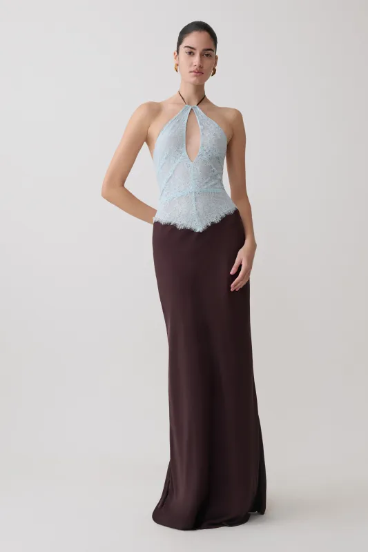 Sascha Lace And Satin Halter Maxi Dress - Ice Blue/Chocolate made by Meshki