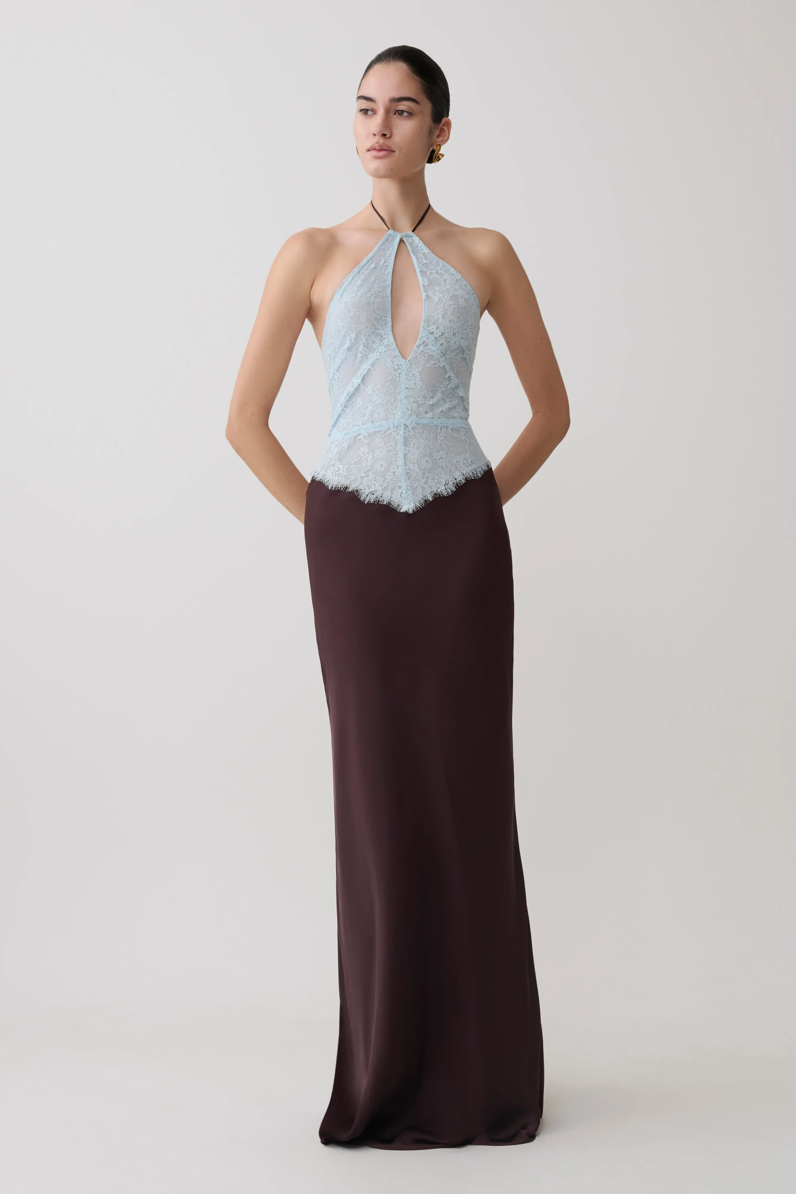 Sascha Lace And Satin Halter Maxi Dress - Ice Blue/Chocolate sold by Meshki product image thumbnail 5