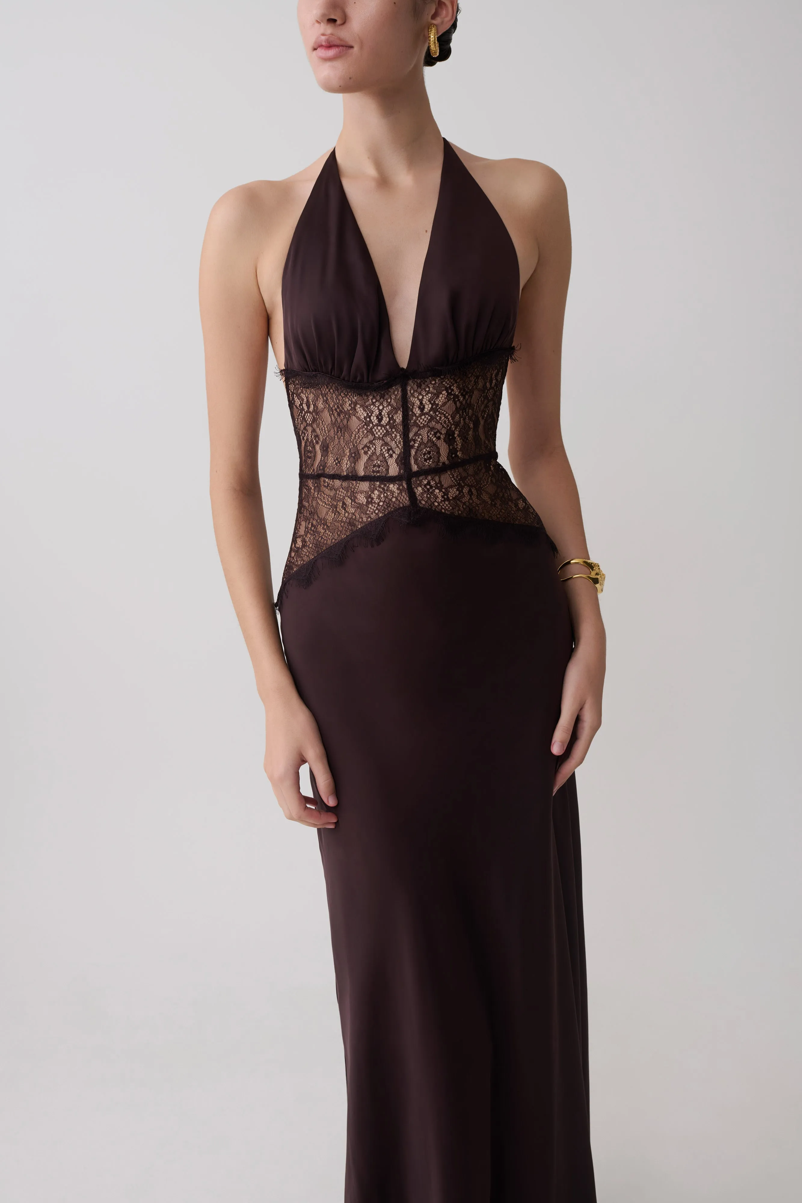 Dinah Lace And Satin Maxi Dress - Chocolate sold by Meshki product image thumbnail 3