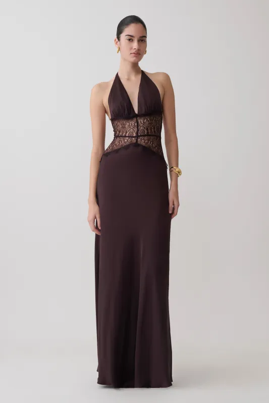 Dinah Lace And Satin Maxi Dress - Chocolate made by Meshki