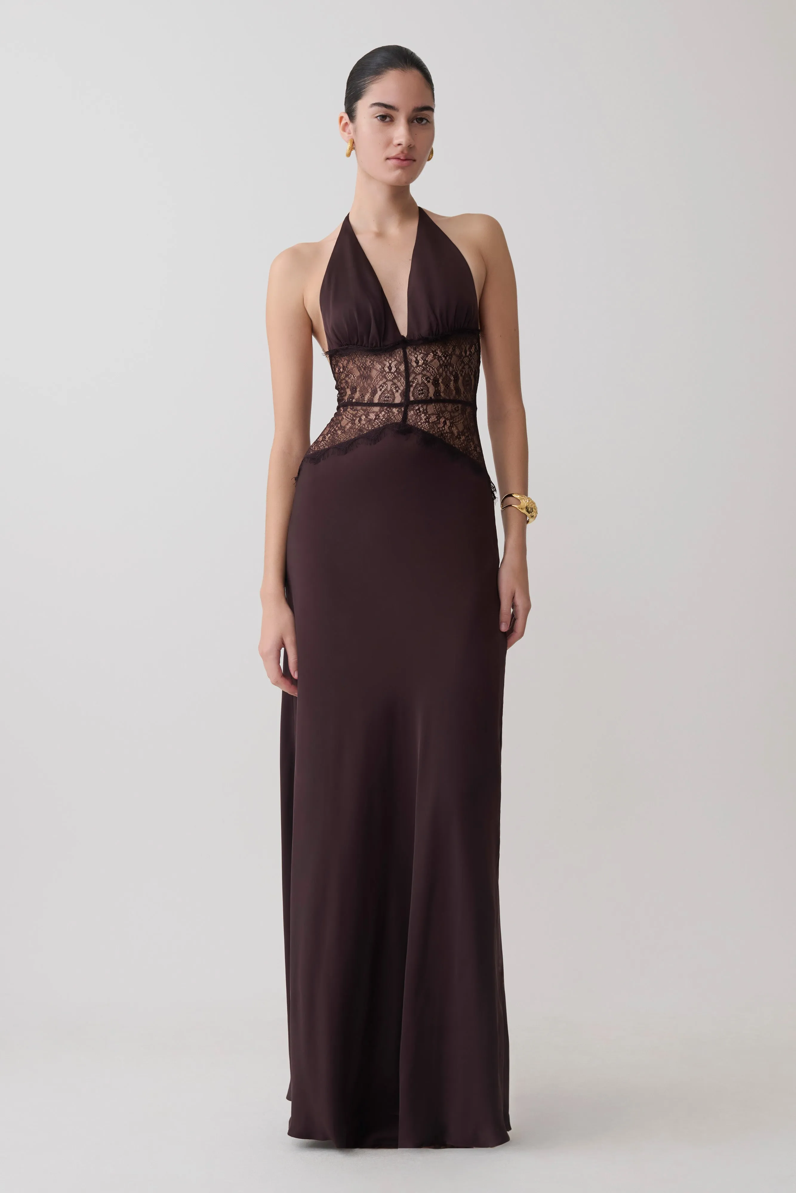 Dinah Lace And Satin Maxi Dress - Chocolate sold by Meshki