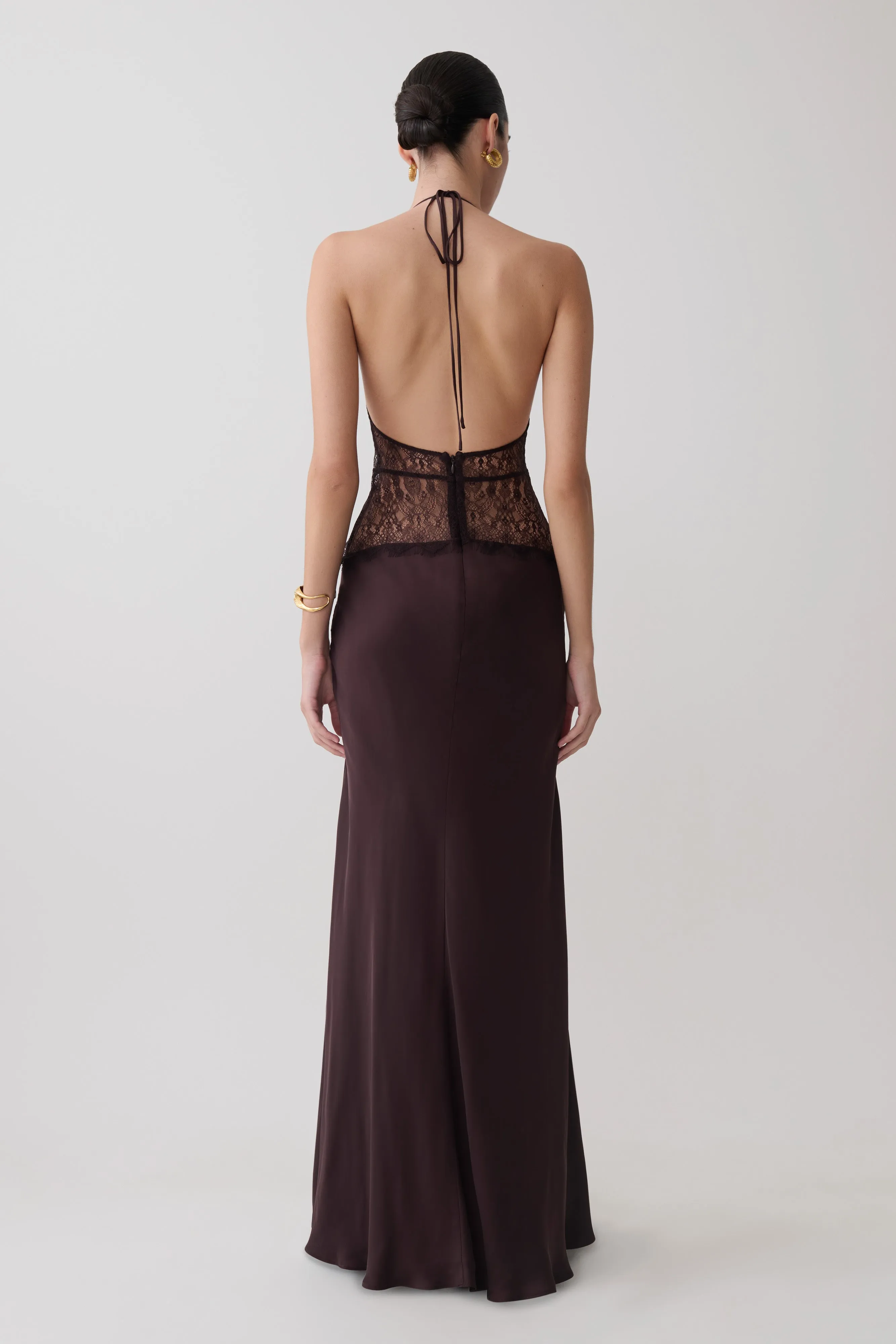Dinah Lace And Satin Maxi Dress - Chocolate sold by Meshki product image thumbnail 2