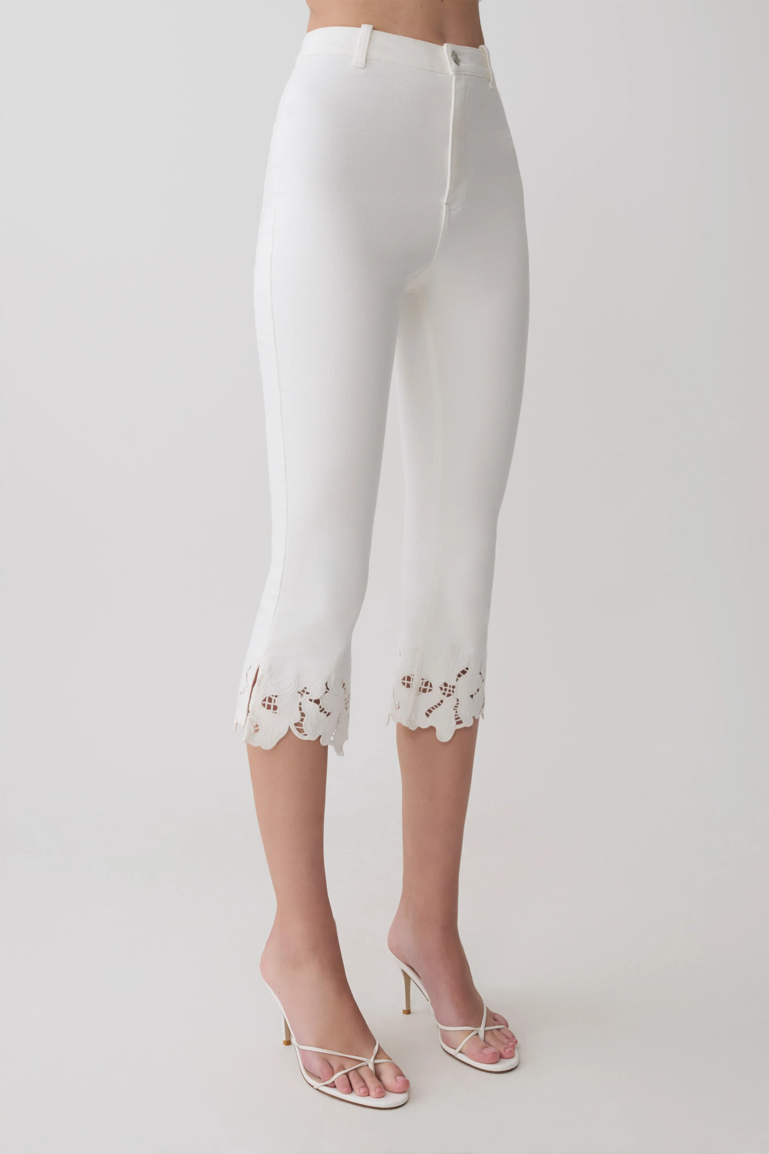 Tillie Flower Embroidery Denim Capris - White sold by Meshki product image thumbnail 5