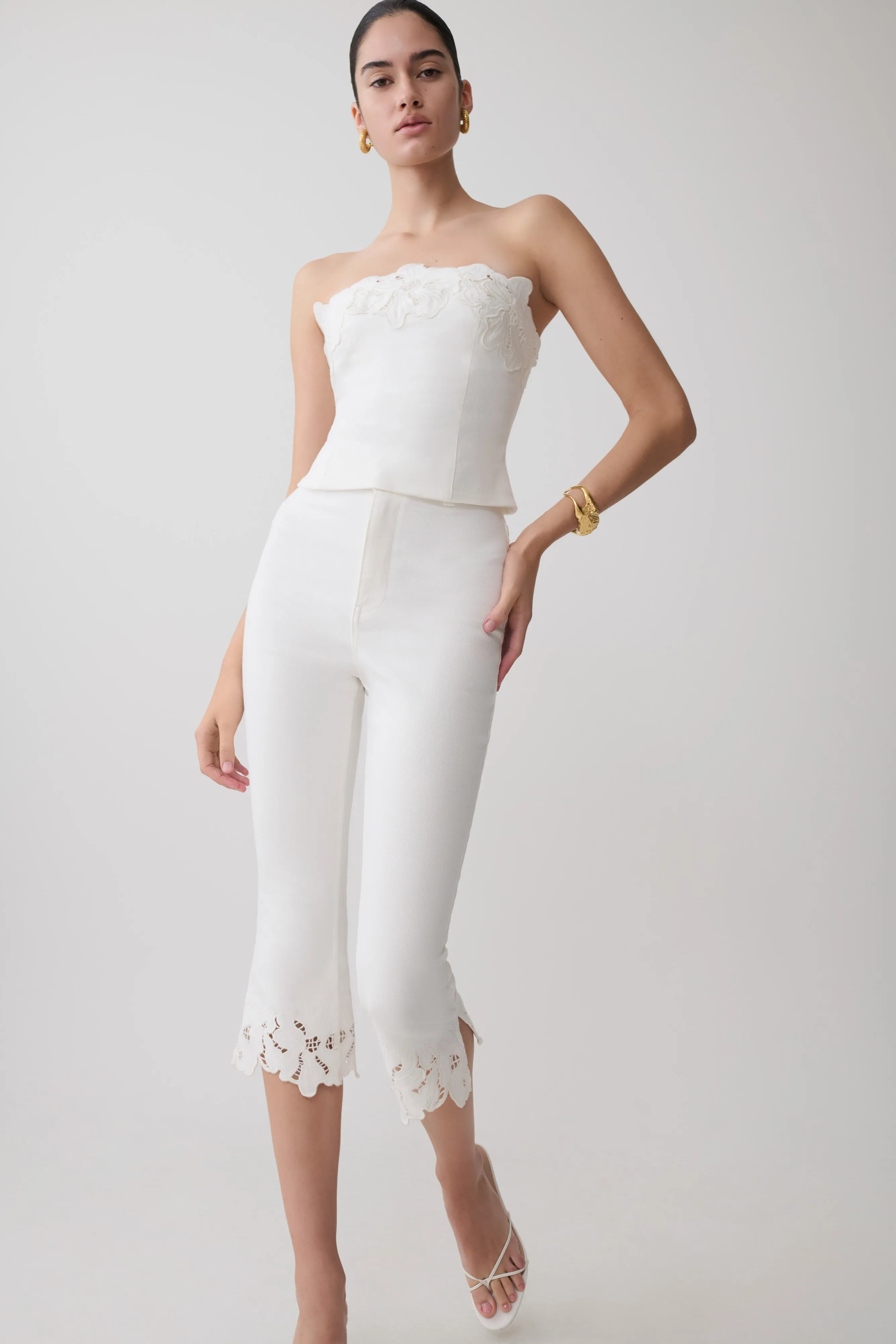 Tillie Flower Embroidery Denim Capris - White sold by Meshki product image thumbnail 3