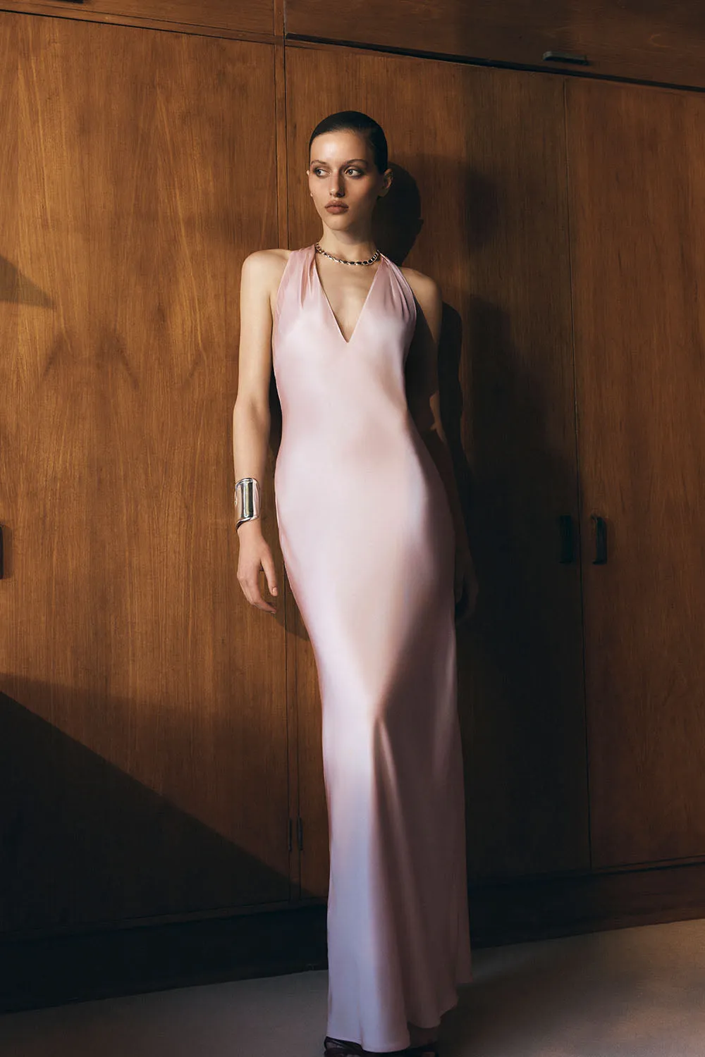 Winnie Halter Satin Maxi Dress With Hardware - Pale Pink sold by Meshki product image thumbnail 2