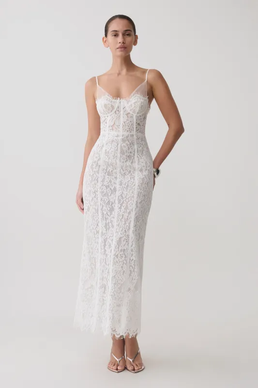 Ottilie Lace And Mesh Midi Dress - White made by Meshki