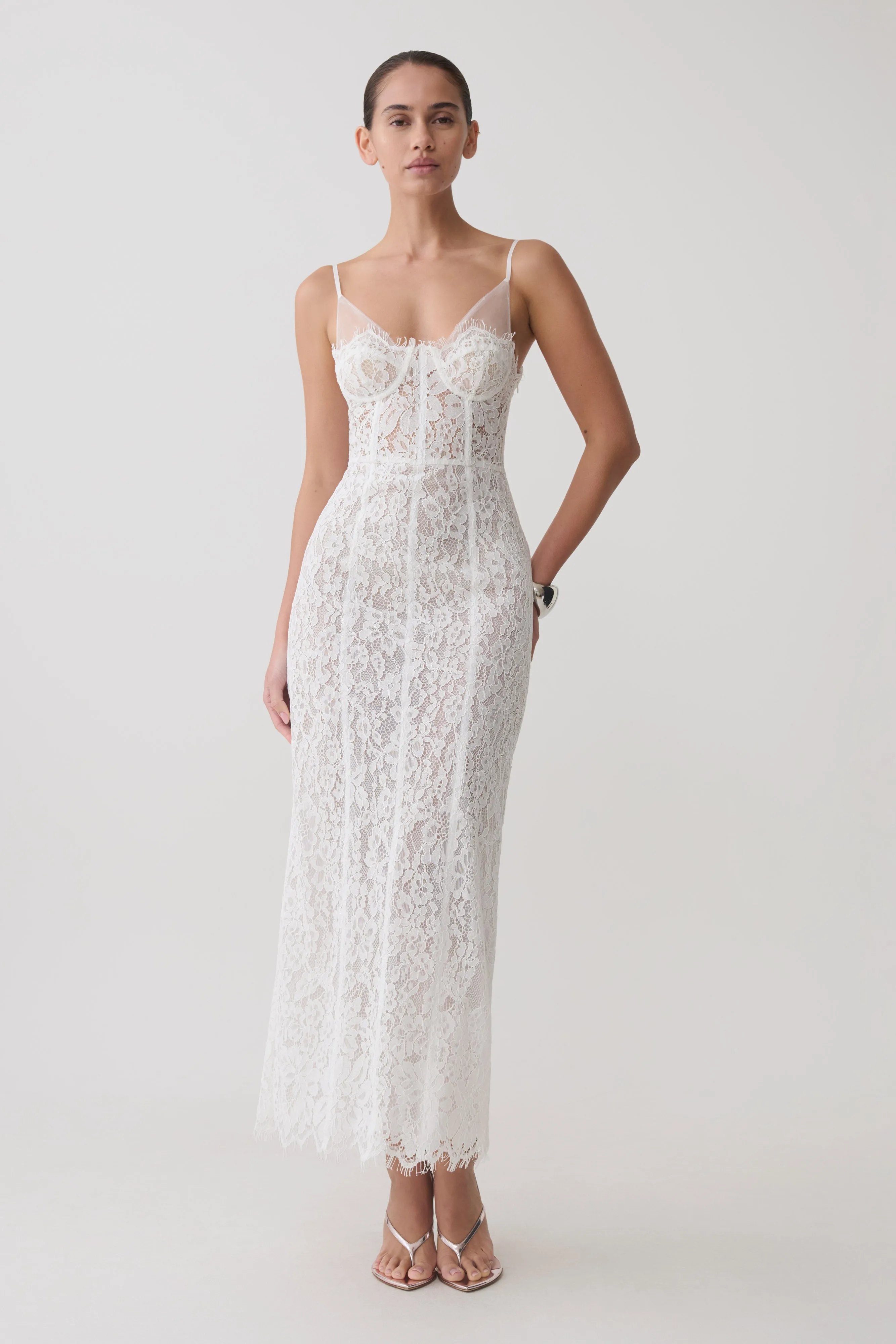 Ottilie Lace And Mesh Midi Dress - White sold by Meshki