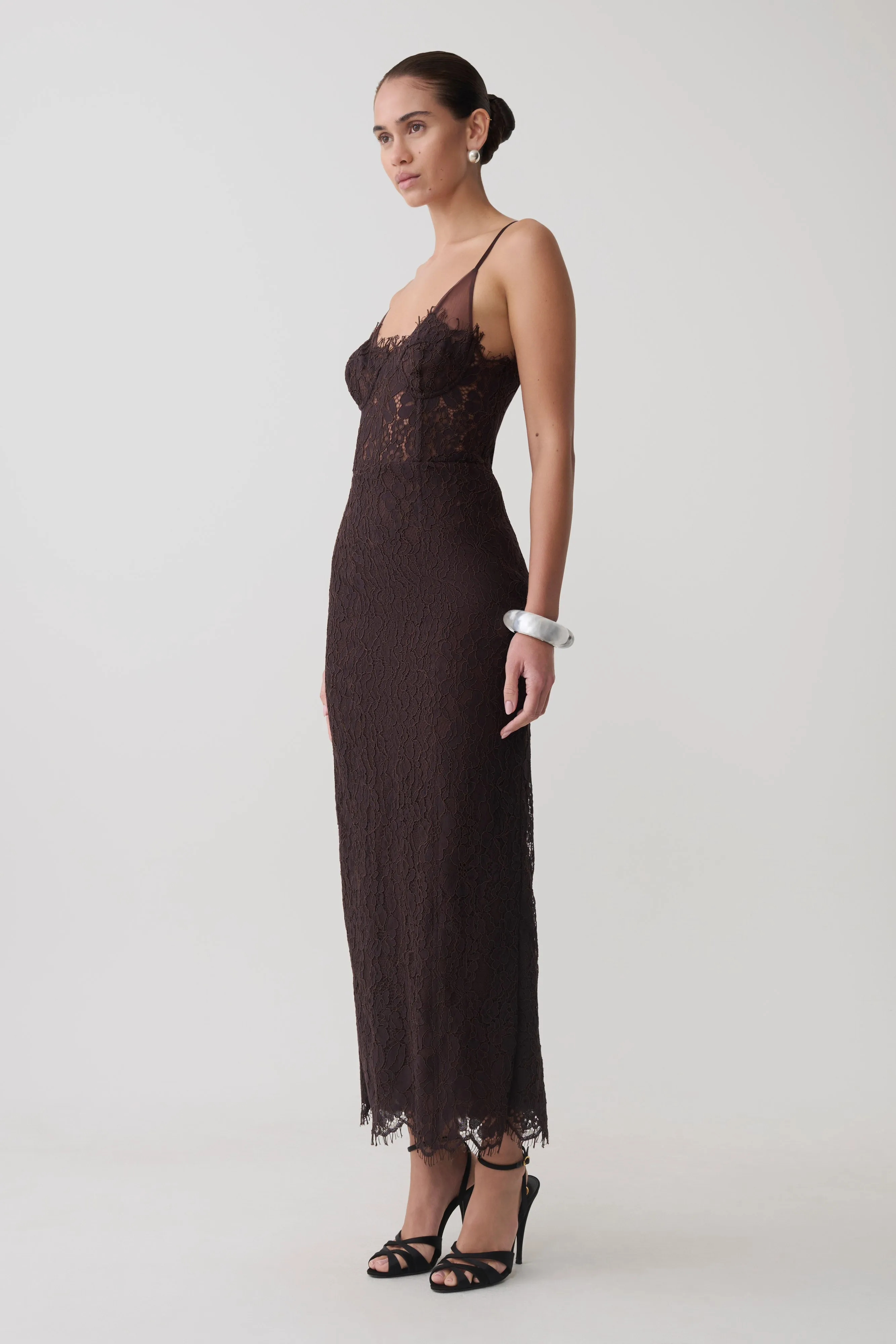 Ottilie Lace And Mesh Midi Dress - Dark Chocolate sold by Meshki product image thumbnail 4