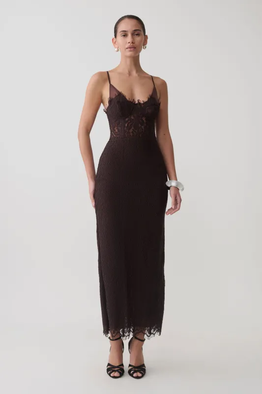 Ottilie Lace And Mesh Midi Dress - Dark Chocolate made by Meshki