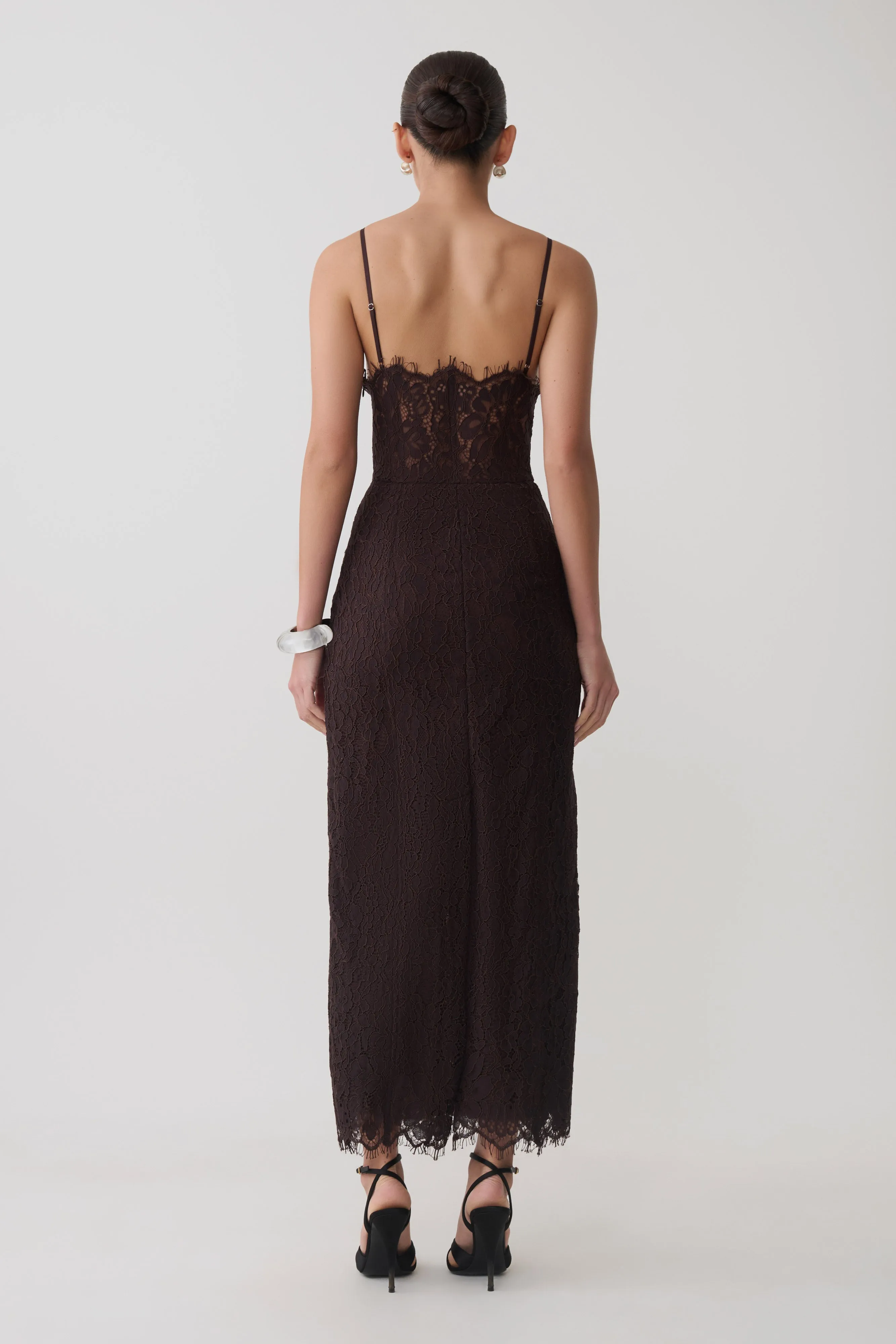 Ottilie Lace And Mesh Midi Dress - Dark Chocolate sold by Meshki product image thumbnail 2