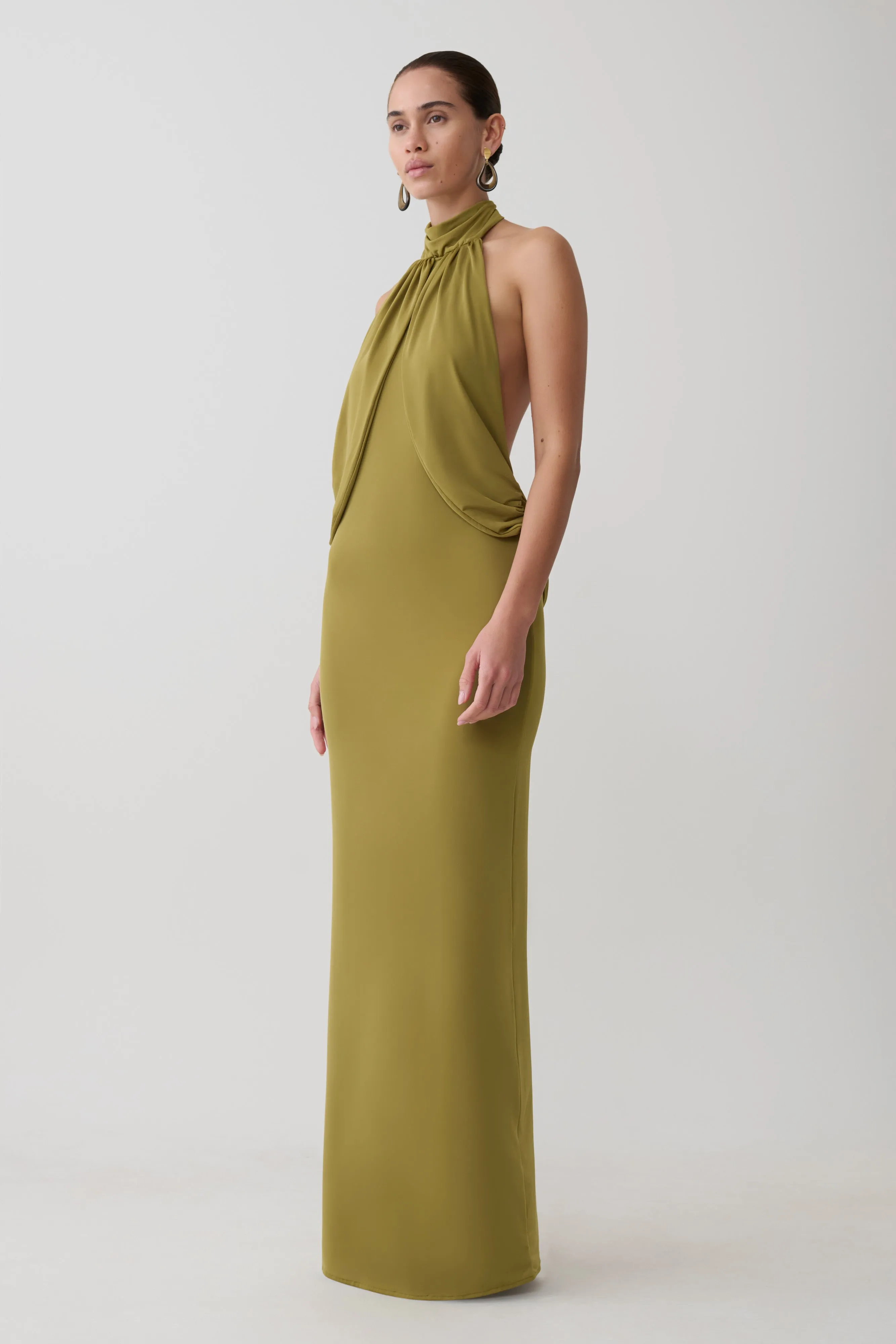 Joan Halter Neck Slinky Maxi Dress - Martini Olive sold by Meshki product image thumbnail 5