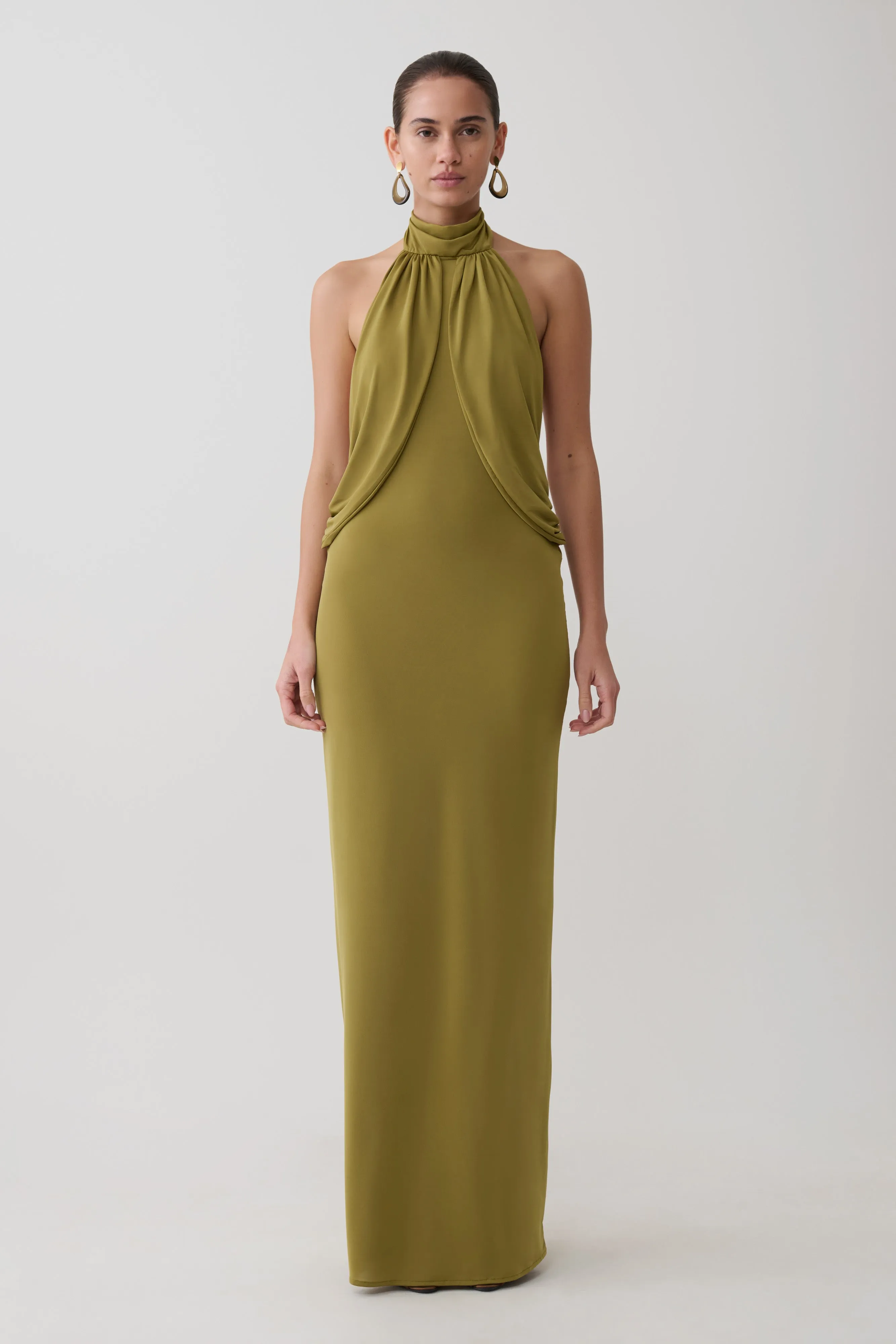 Joan Halter Neck Slinky Maxi Dress - Martini Olive sold by Meshki product image thumbnail 2