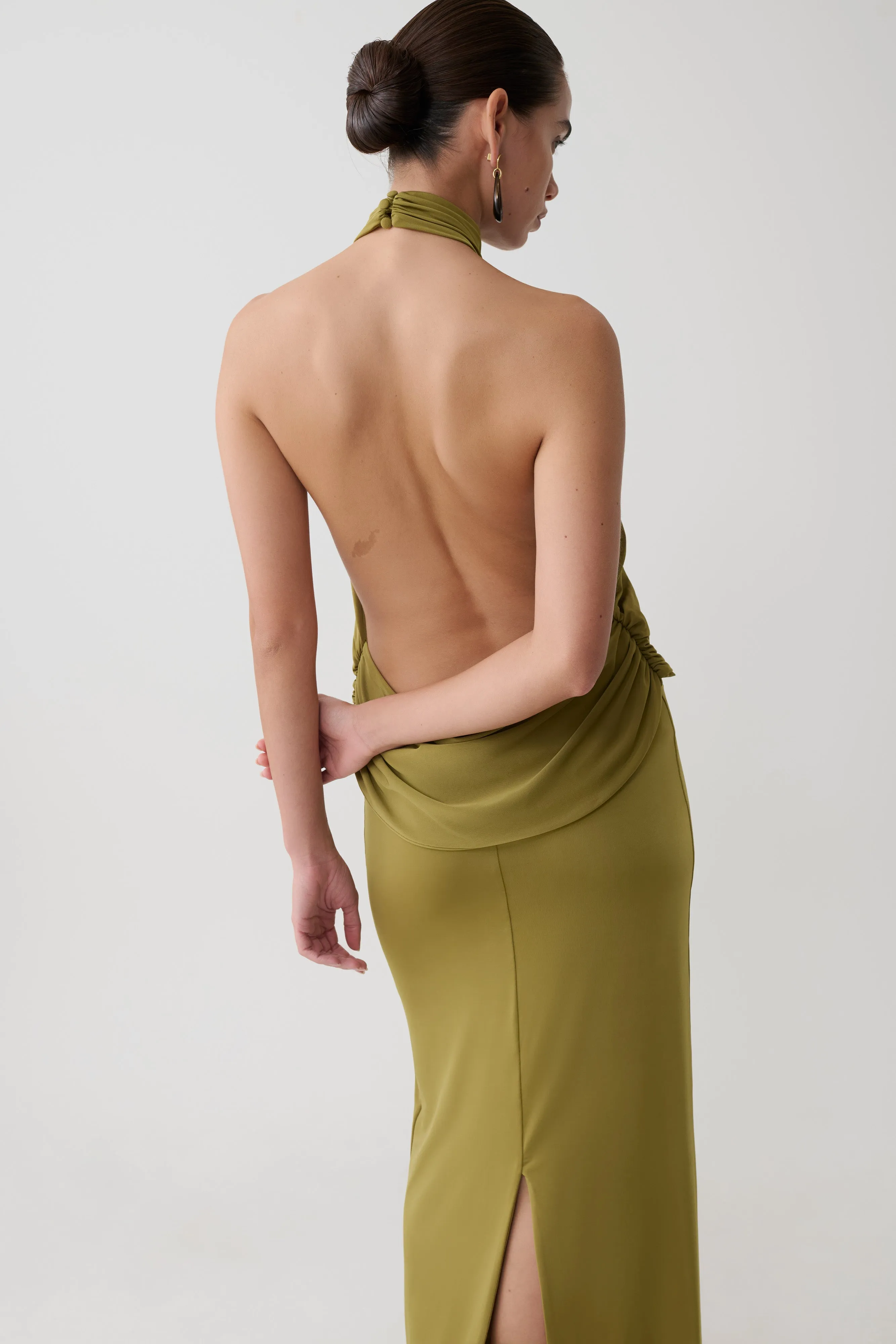 Joan Halter Neck Slinky Maxi Dress - Martini Olive sold by Meshki product image thumbnail 3