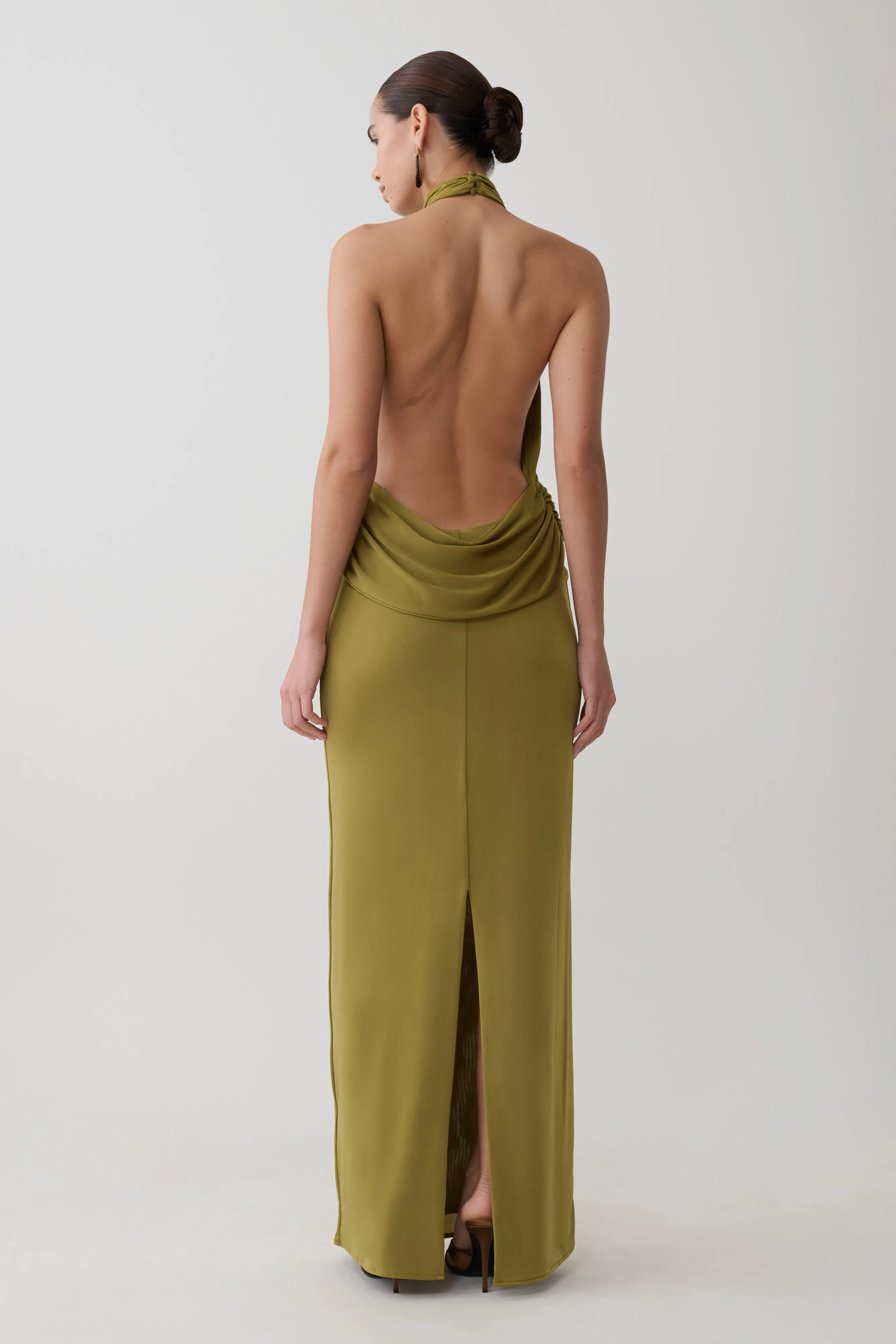 Joan Halter Neck Slinky Maxi Dress - Martini Olive sold by Meshki product image thumbnail 4