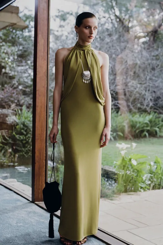 Joan Halter Neck Slinky Maxi Dress - Martini Olive made by Meshki
