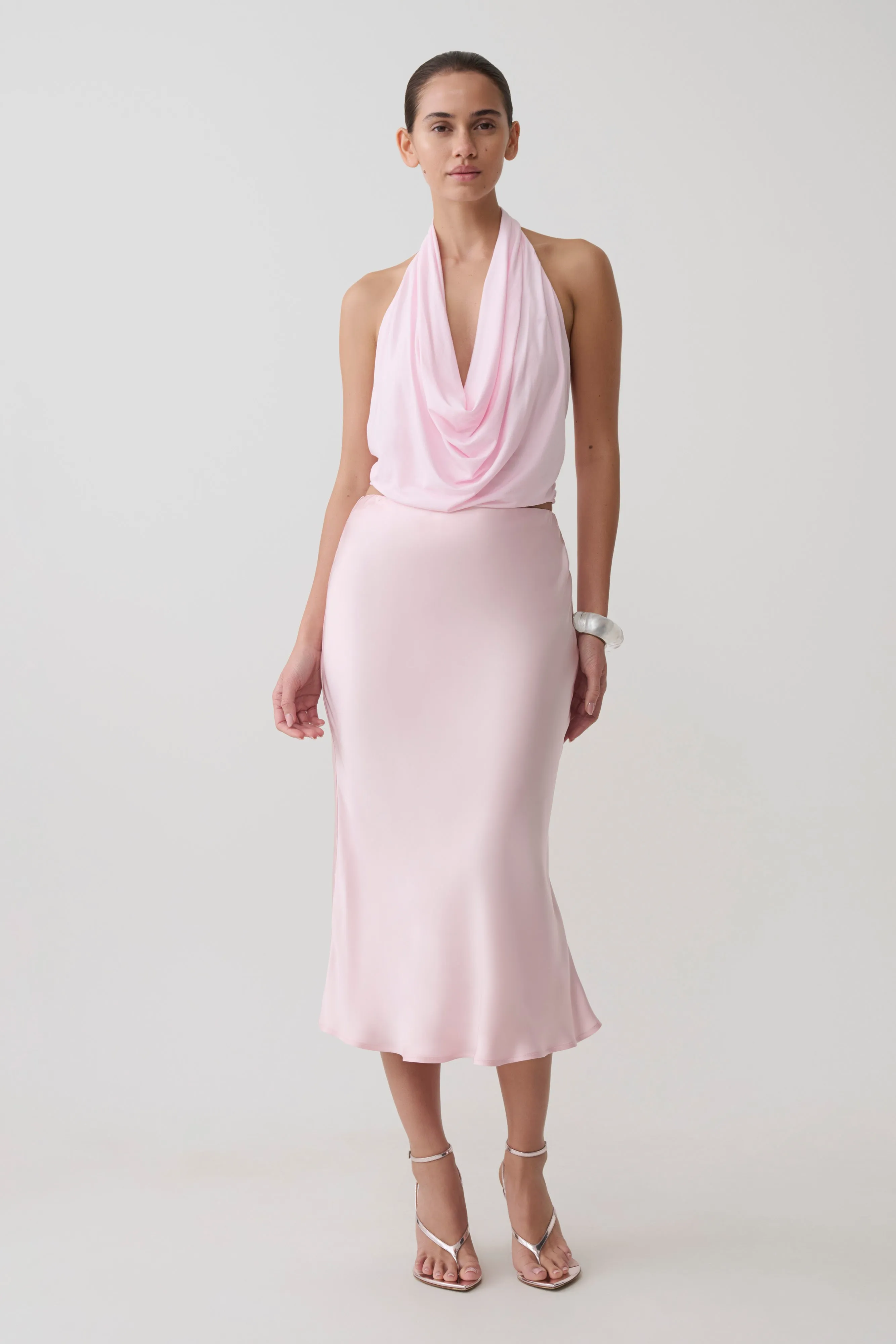 Hattie Satin Midi Skirt - Pale Pink sold by Meshki product image thumbnail 4