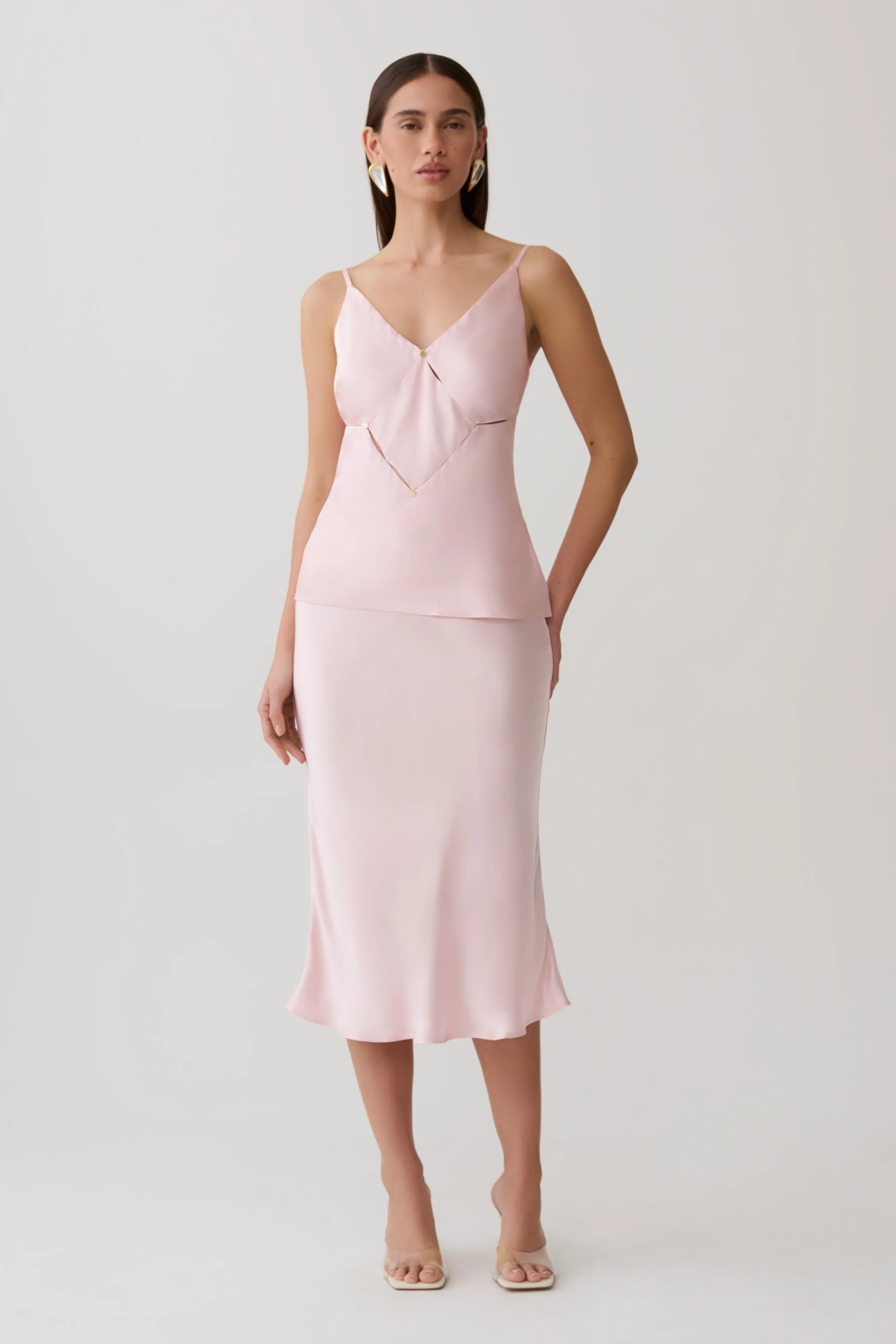 Hattie Satin Midi Skirt - Pale Pink sold by Meshki