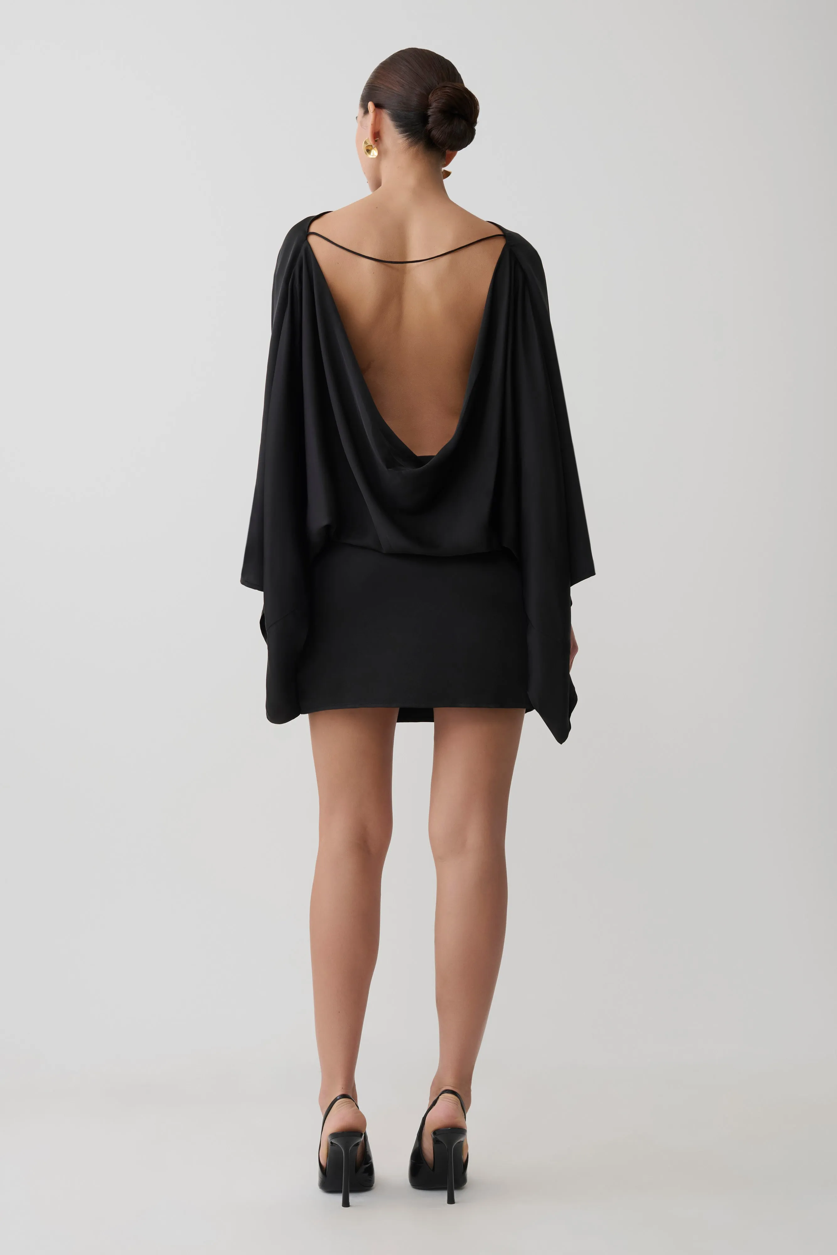 Anoushka Cowl Back Satin Mini Dress - Black sold by Meshki product image thumbnail 5