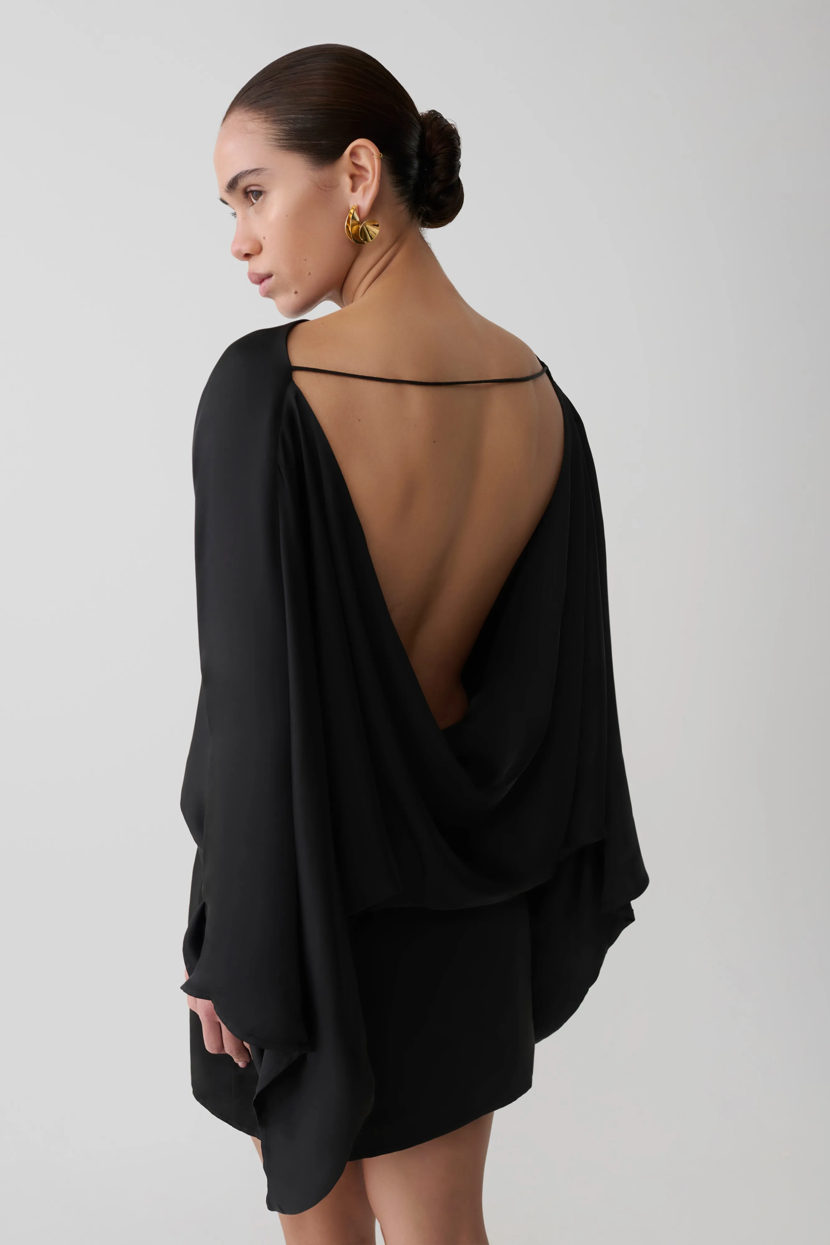 Anoushka Cowl Back Satin Mini Dress - Black sold by Meshki