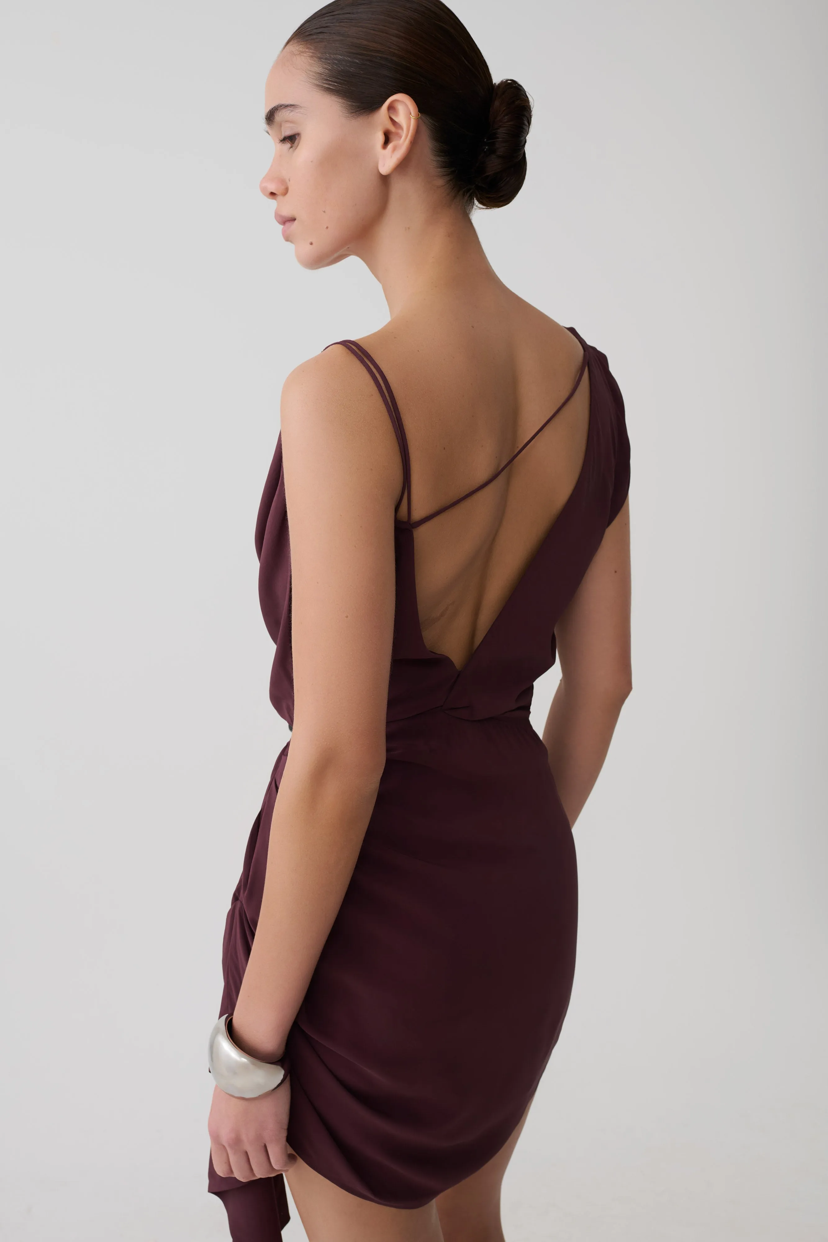 Lucile Cowl Drape Satin Mini Dress - Plum sold by Meshki product image thumbnail 3