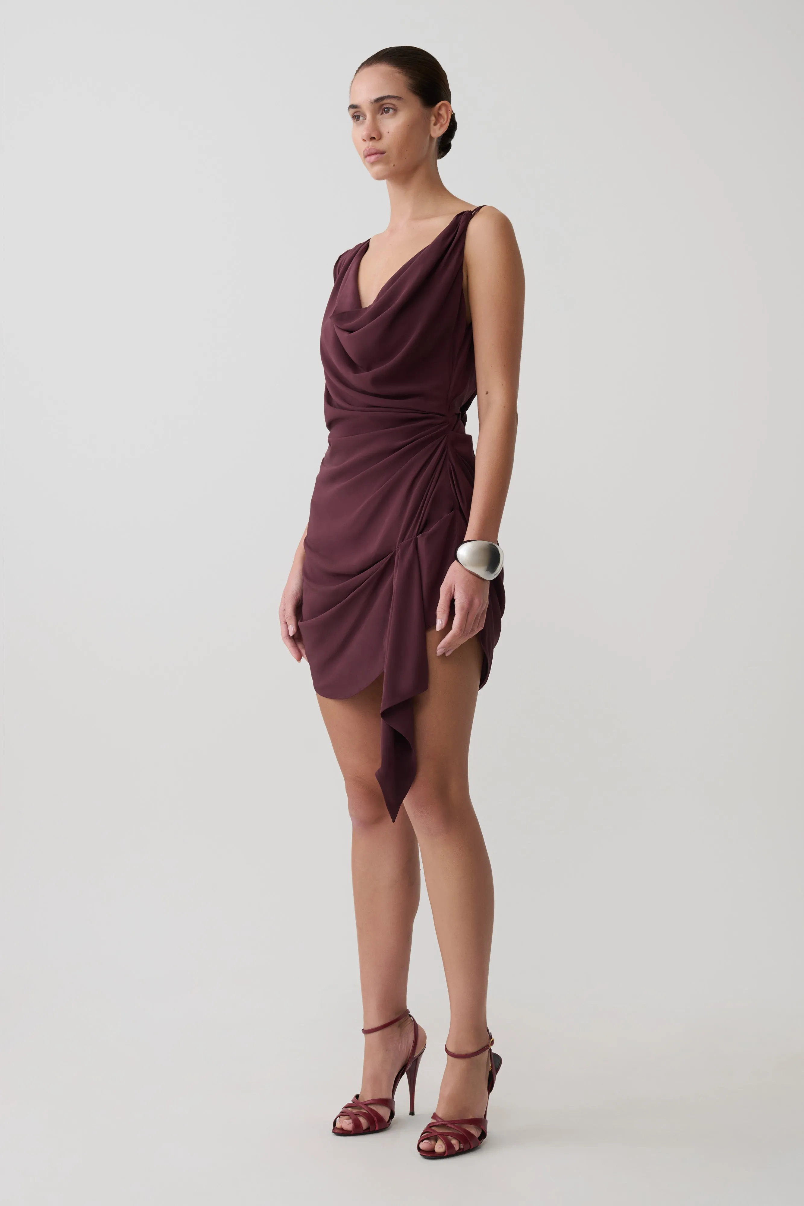 Lucile Cowl Drape Satin Mini Dress - Plum sold by Meshki product image thumbnail 4