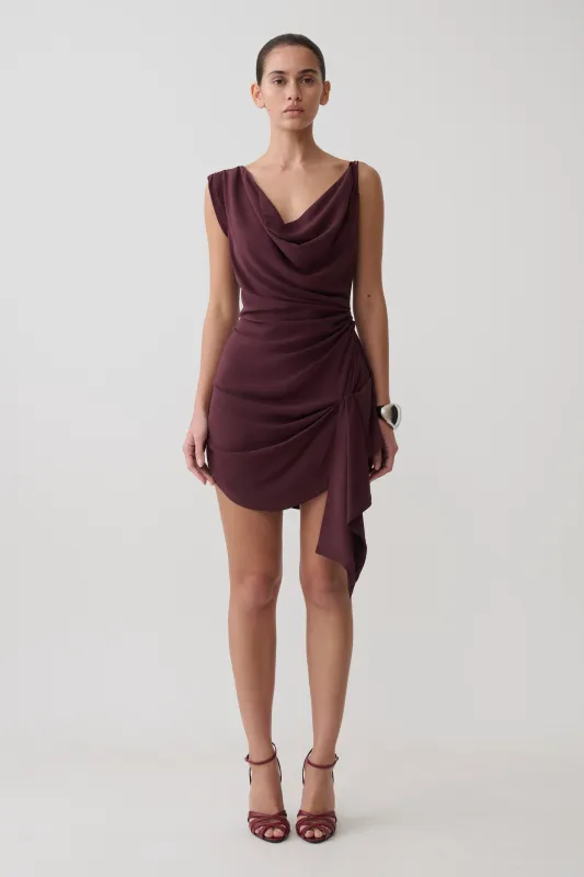 Lucile Cowl Drape Satin Mini Dress - Plum made by Meshki