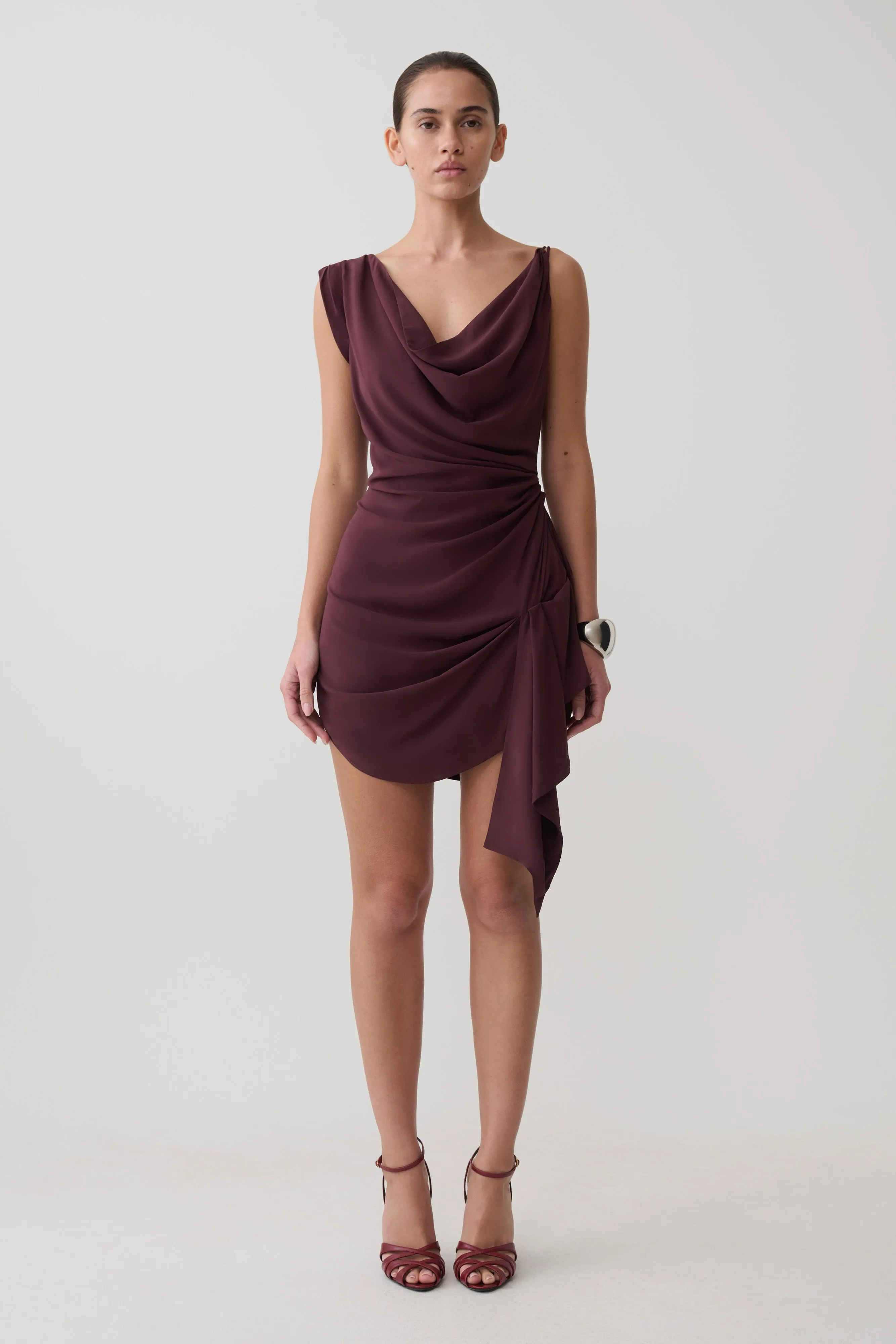 Lucile Cowl Drape Satin Mini Dress - Plum sold by Meshki