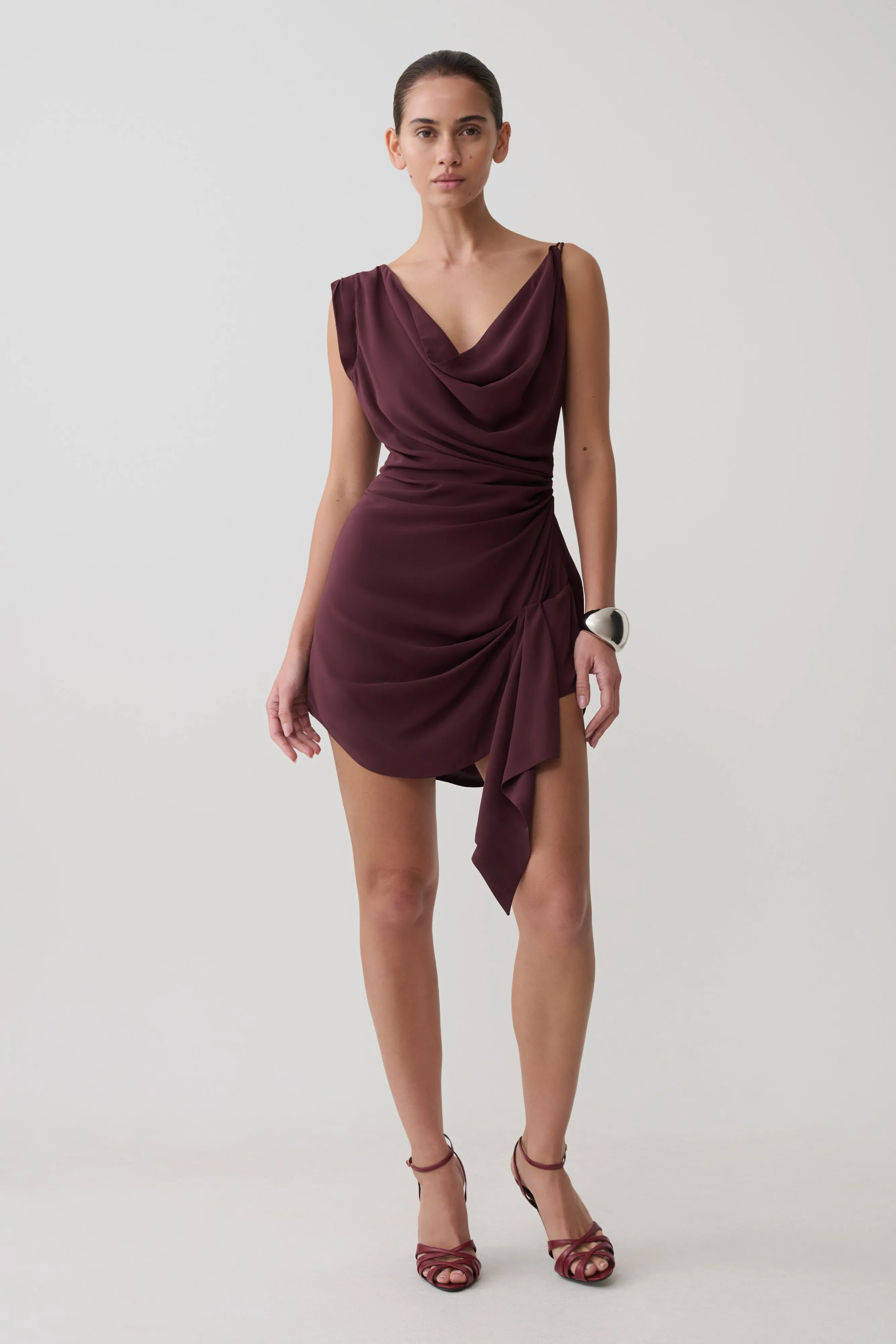 Lucile Cowl Drape Satin Mini Dress - Plum sold by Meshki product image thumbnail 5