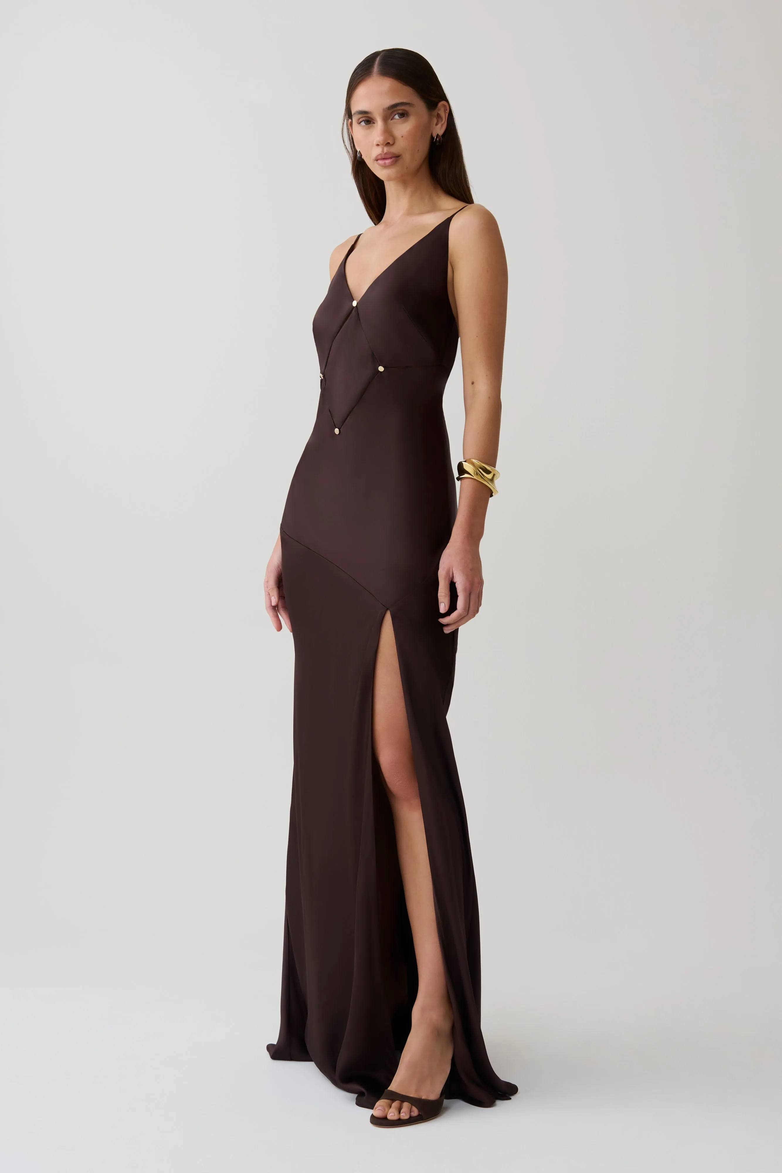 Maddison V Neck Satin Maxi Dress - Dark Chocolate sold by Meshki product image thumbnail 4
