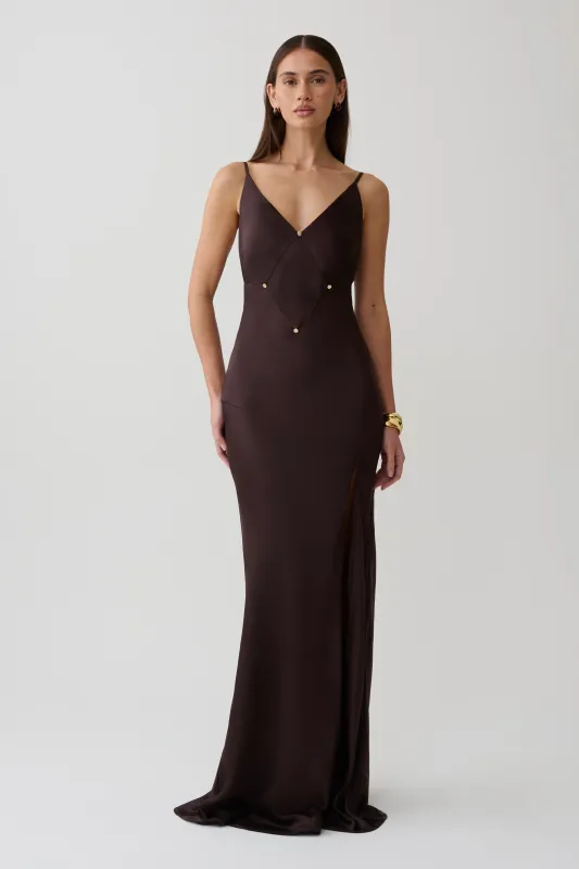 Maddison V Neck Satin Maxi Dress - Dark Chocolate made by Meshki